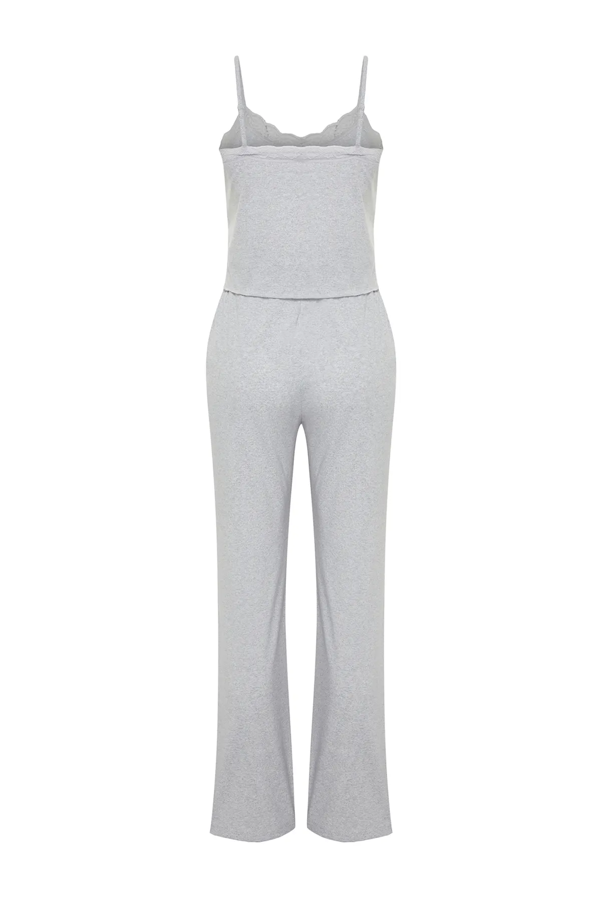 Trendyol Collection  Grau meliertes Pyjama-Set aus Baumwolle mit Taschen und Schlitzen, Seilriemen und Strickmuster THMSS24PT00005