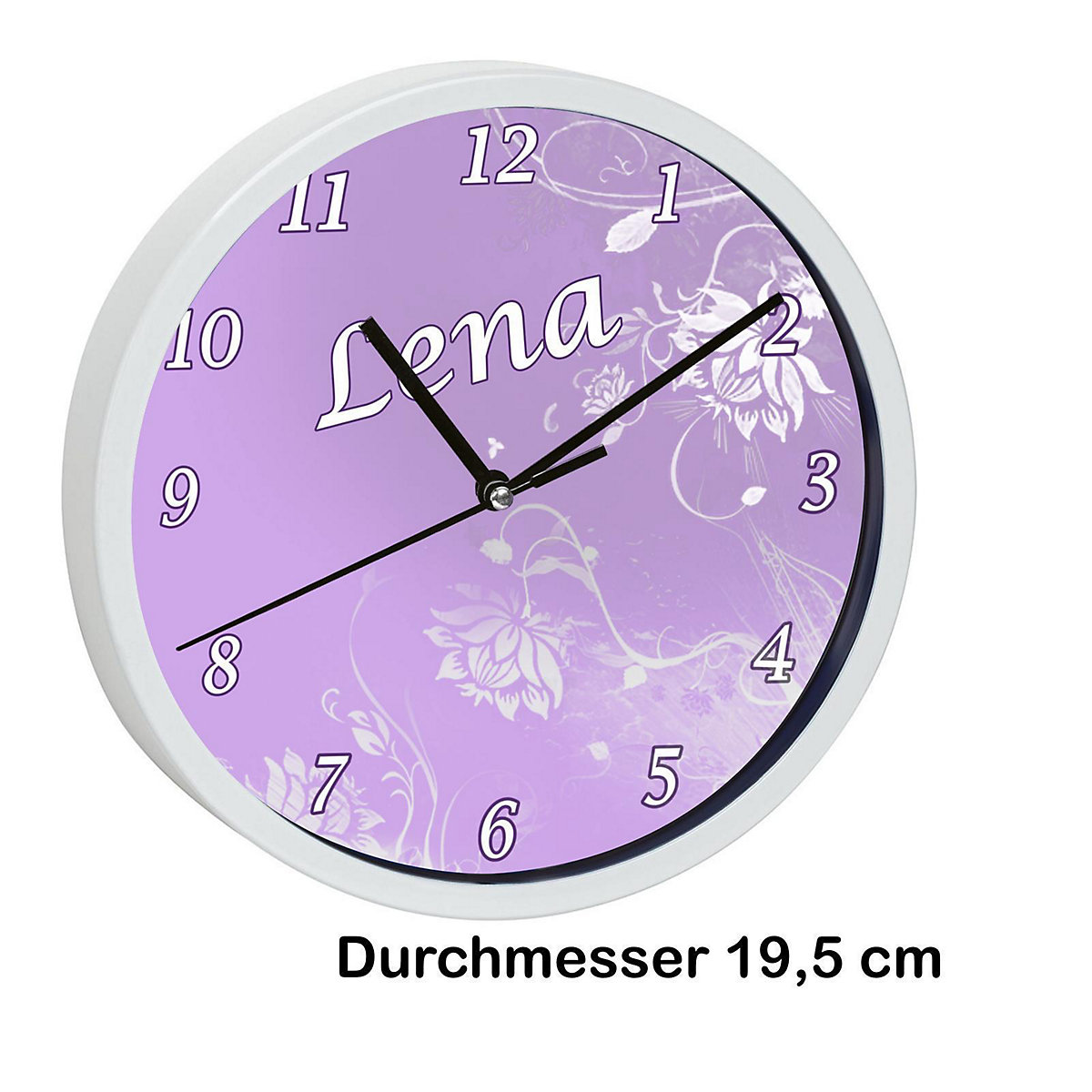 Kinder Wanduhr laufruhig personalisiert mit Name Blumenranke Lila