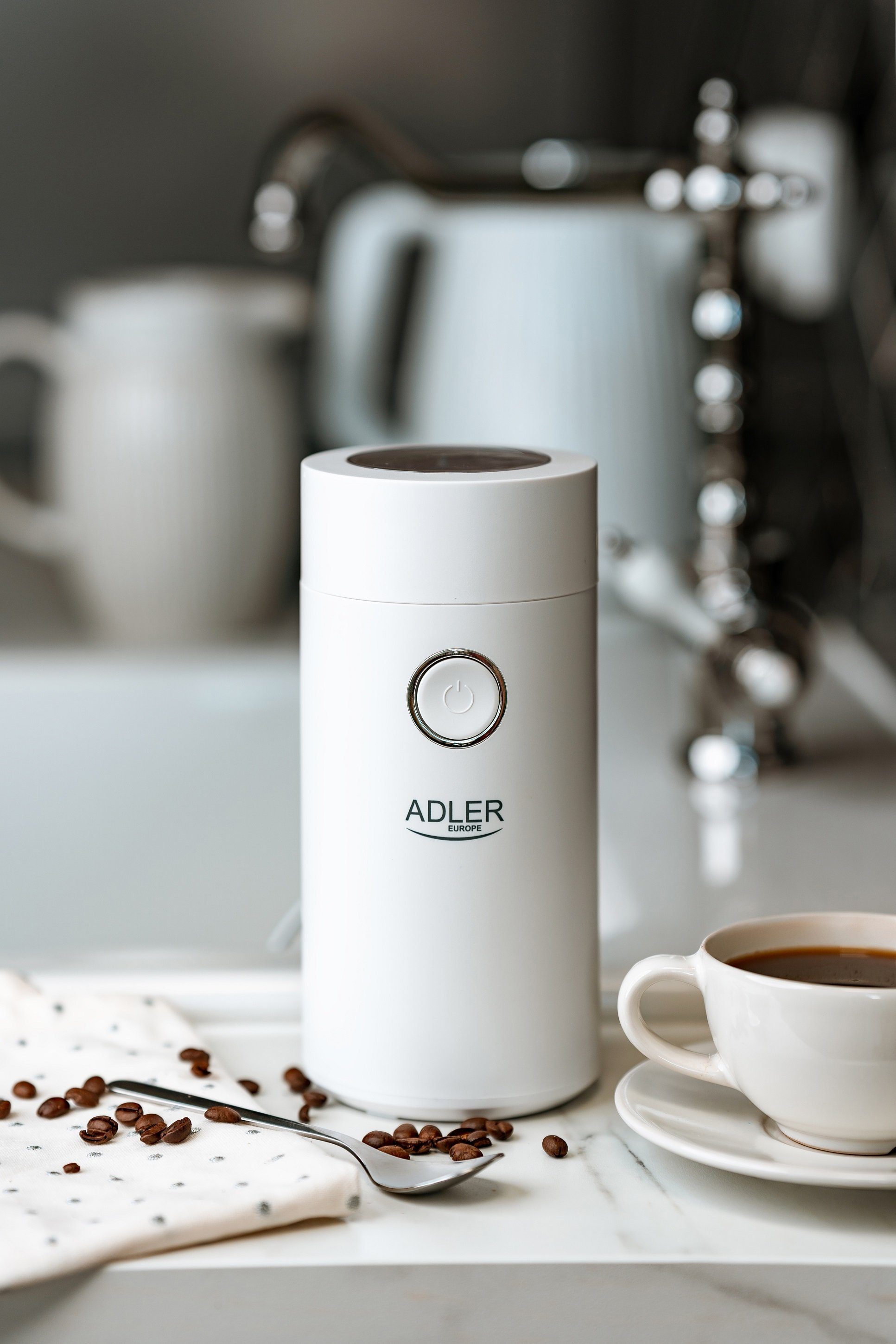 JUNG Kaffeemühle ADLER AD4446WS Kaffeemühle elektrisch elektrische Kaffeebohnen Mühle, 150,00 W, Kegelmahlwerk, 75,00 g Bohnenbehälter, 75g Füllmenge Schlagmesser Edelstahl, Kaffee, Espresso Latte Mokkas
