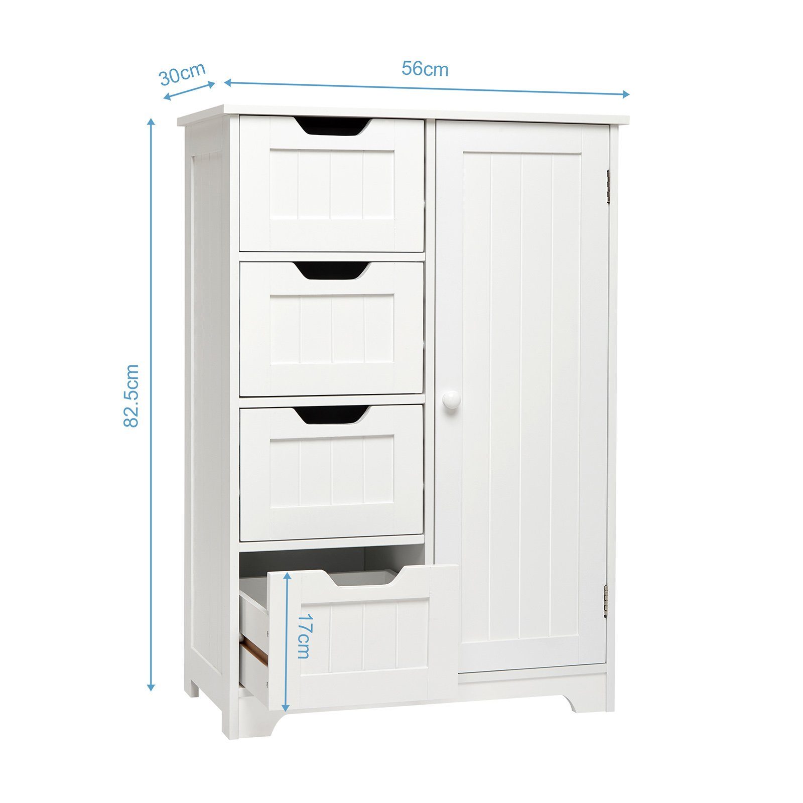 Mondeer Badkommode Badezimmerschrank, Wandkommode mit 4 Schubladen und 1 Tür, Verstellbar, Weiß