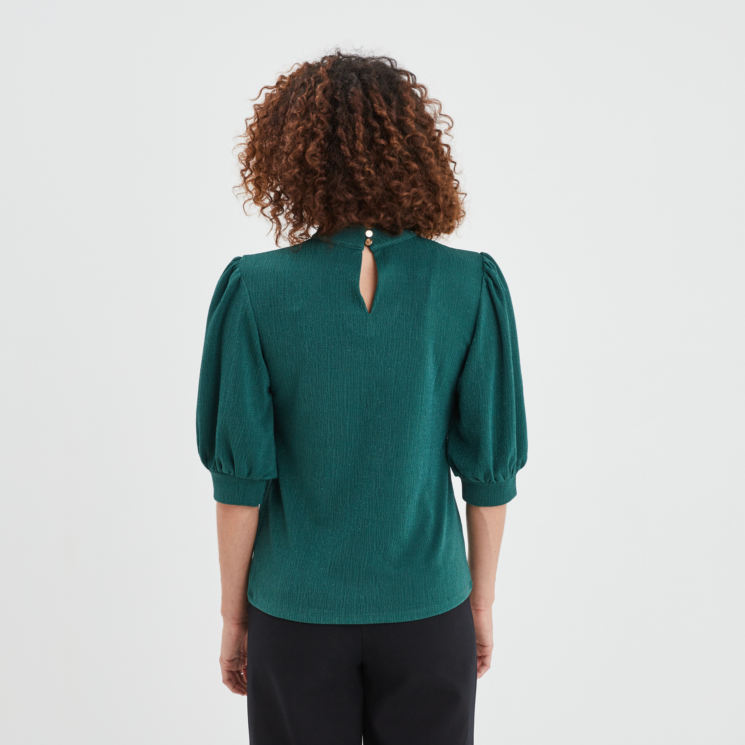 T-shirt col montant manches ballons vert foncé femme | La Halle