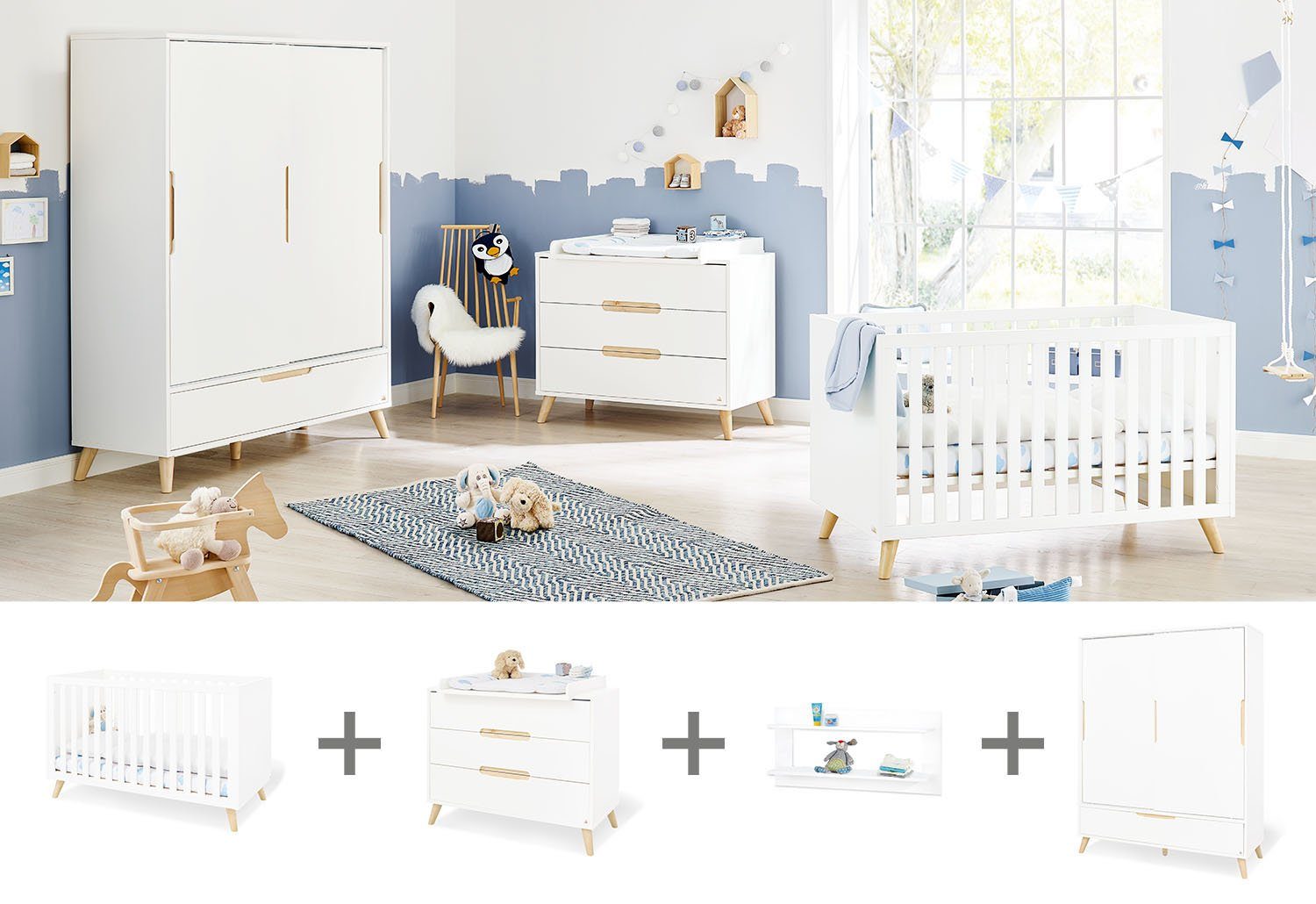 Pinolino® Babyzimmer-Komplettset Move, (Set, 4-St., Kinderbett, Wickelkommode, Kleiderschrank, Wandregal), breit groß; mit Kinderbett, Wickelkommode & Wandregal