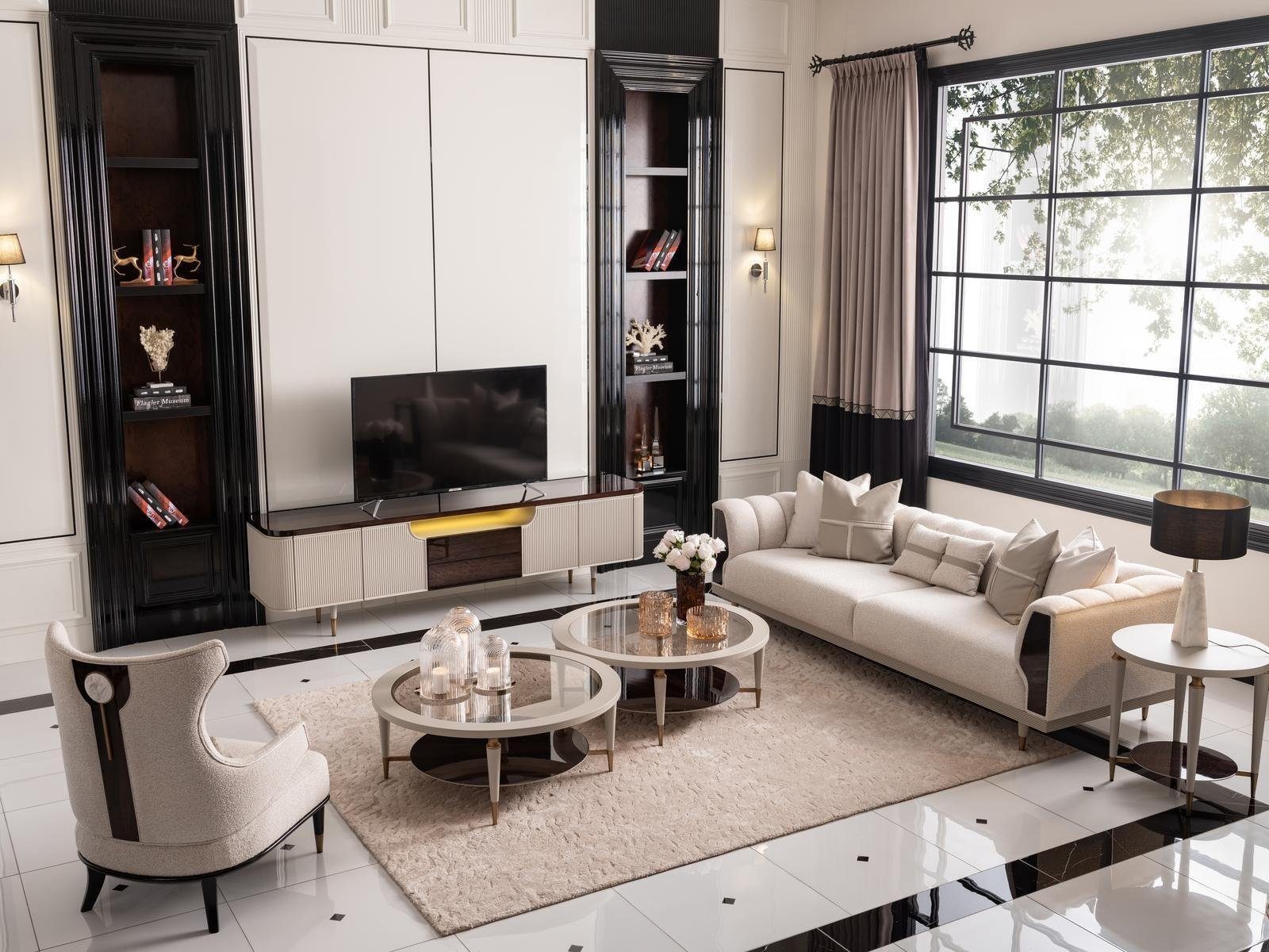 JVmoebel Wohnzimmer-Set Wohnzimmer Gruppe Dreisitzer Sessel Stoffsofa 6tlg Beige Couchtische, (6-St., 1x Sofa 3 Sitzer+1x Sessel+2x Couchtische+1x Beistelltisch+1x RTV), Made in Europa