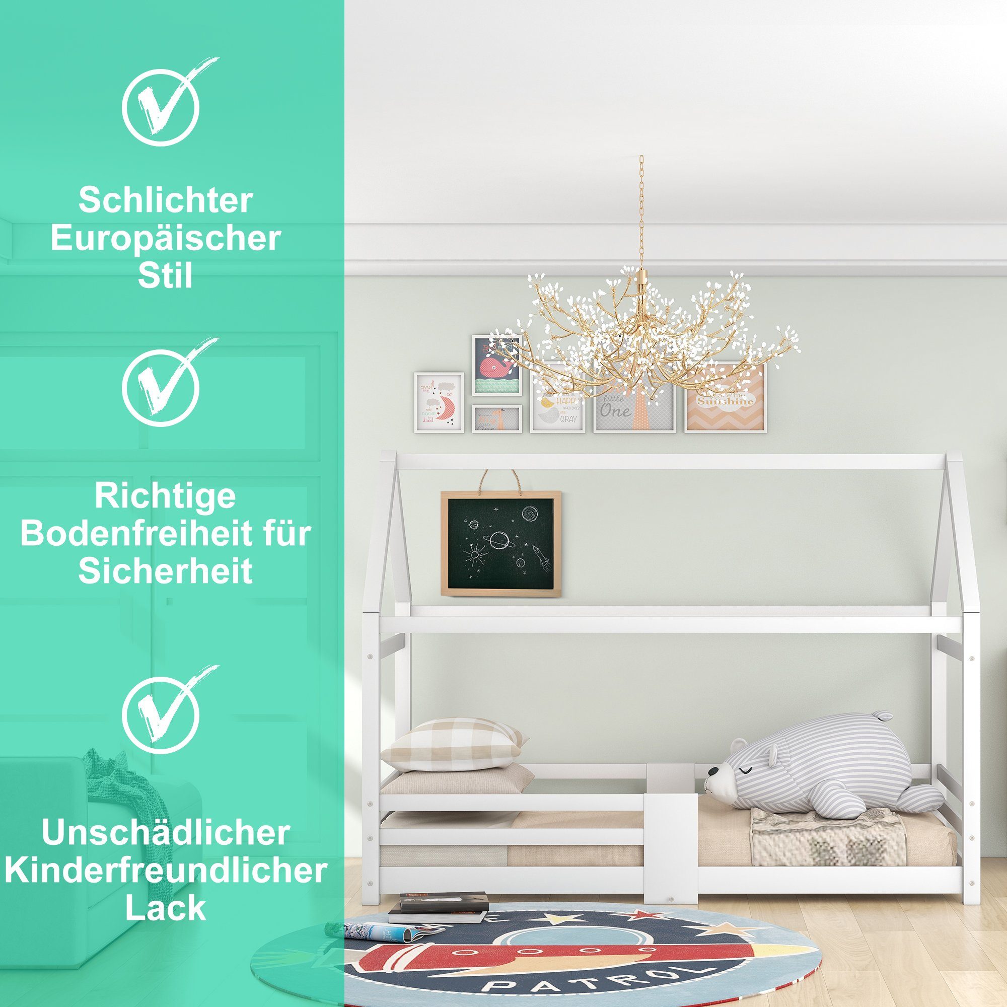 Flieks Massivholzbett (1-tlg), Kiefer Kinderbett Hausbett mit Tafel 90x200cm
