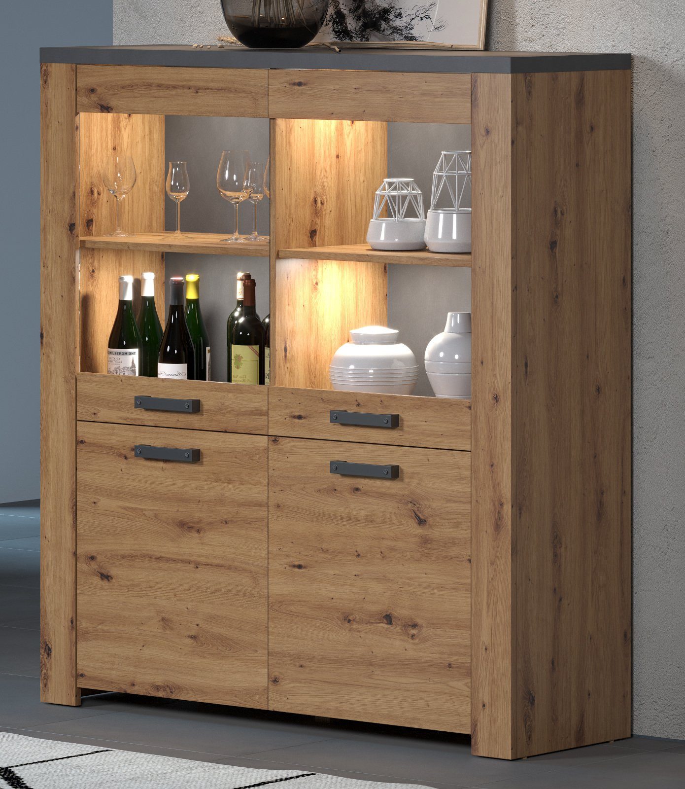 trendteam Highboard Follow (Schrank in Eiche Artisan mit grau, 127 x 139 cm), mit 8 Fächern