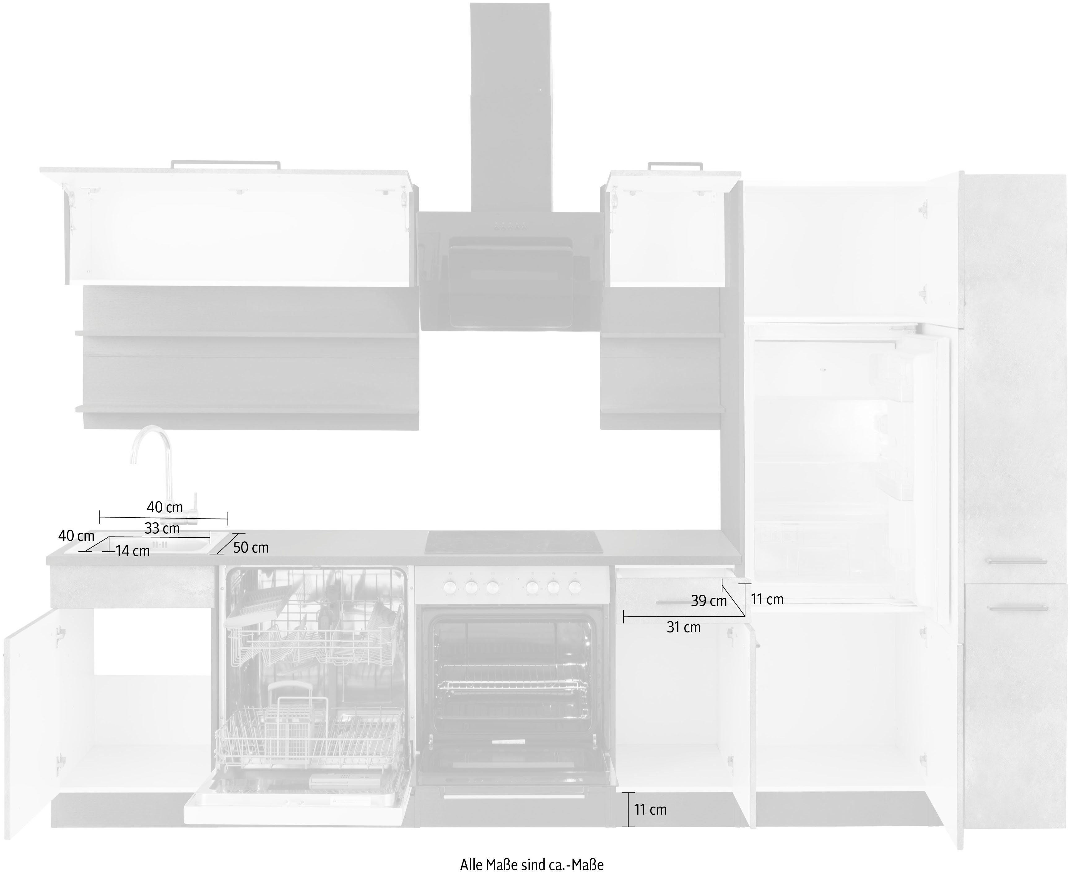 HELD MÖBEL Küchenzeile Tulsa, mit E-Geräten, Breite 300 cm, schwarze Metallgriffe, MDF Fronten