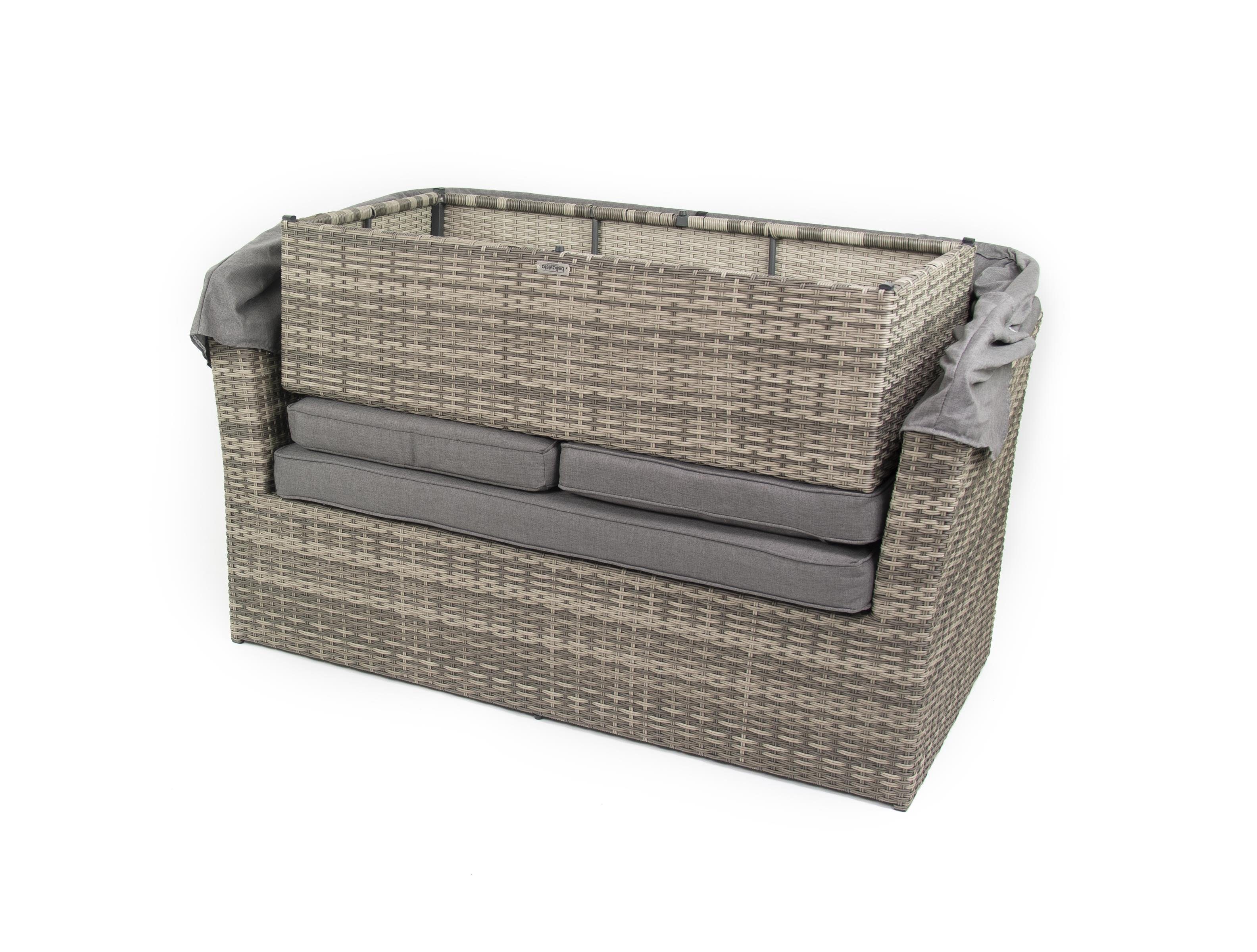 bellavista - Home&Garden® Strandkorb Multifunktionslounge - Strandkorb Long Island, BxTxH: 145x80x152 cm, Modern, (Set, 7-tlg., inkl. Sitz und Rückenkissen), 2-sitzer Sofa ca. 145x80x80,5cm (BxTxH) und 145x80x152cm (BxTxH) mit aufgeklapptem Dach, Fuß