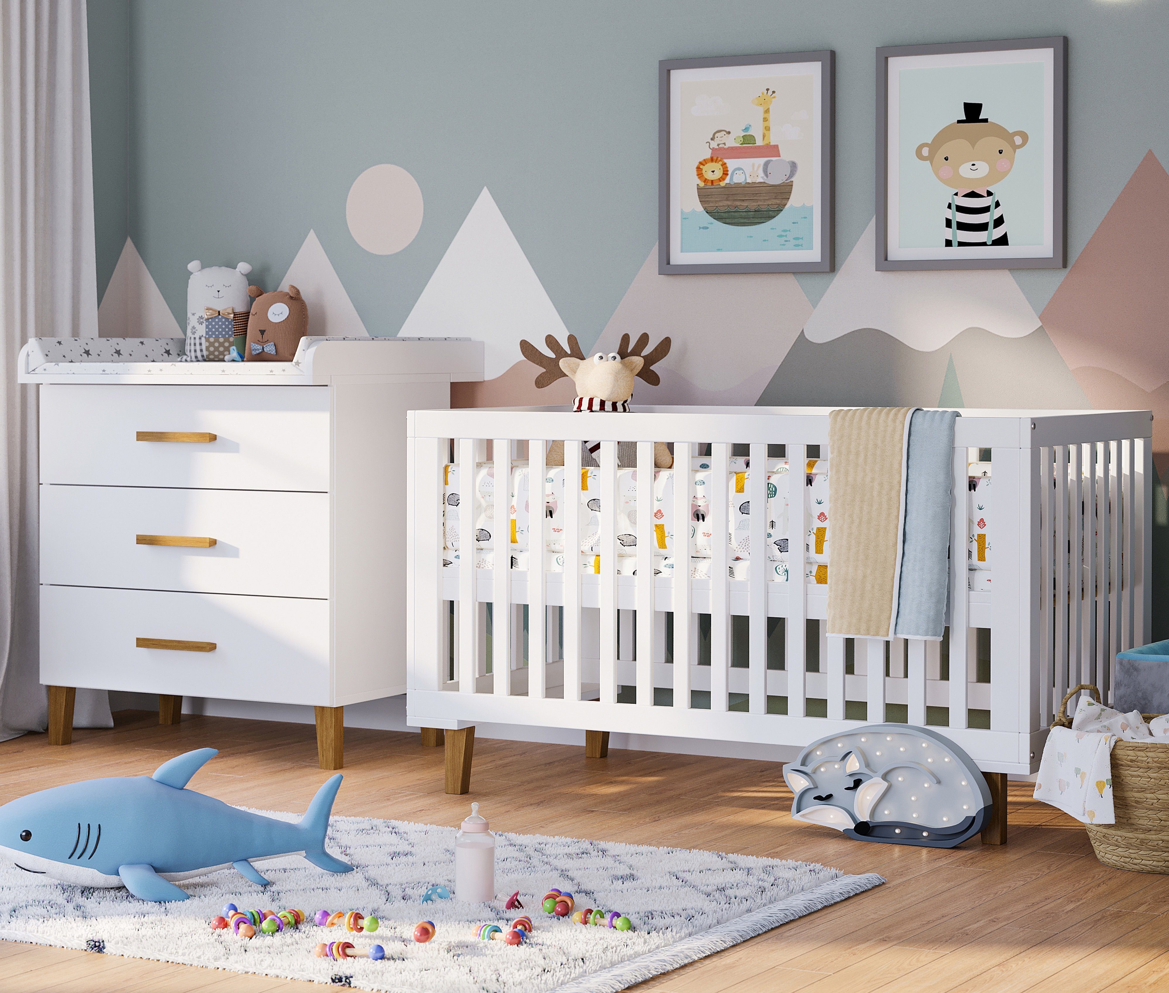 Bellabino Babymöbel-Set Liri, (2-St., Kinderbett, Wickelkommode), höhenverstellbares Babybett, abnehmbarer Wickelaufsatz