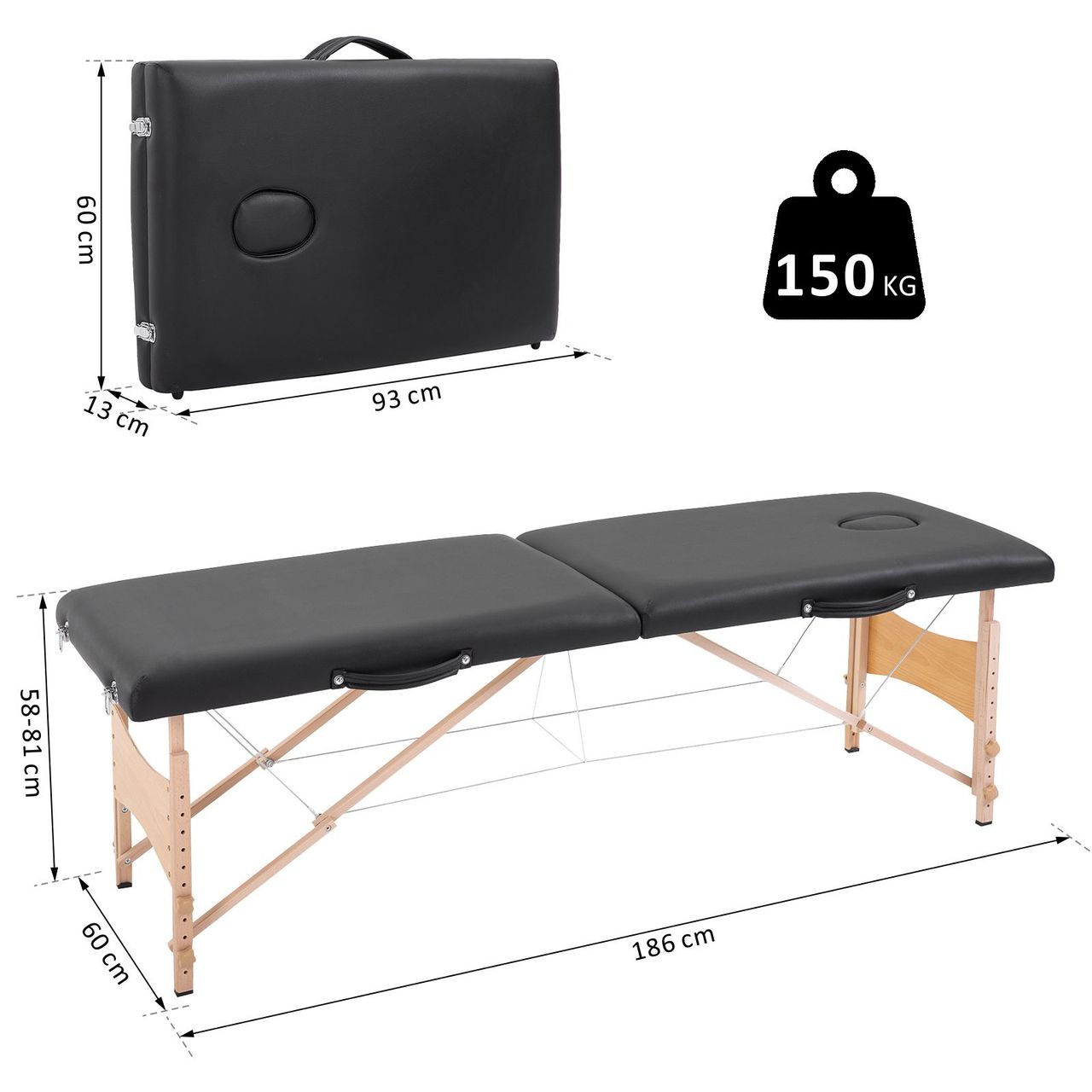 HOMCOM Massageliege Mobiler Massagetisch Höhenverstellbar Kosmetik Bank Holz