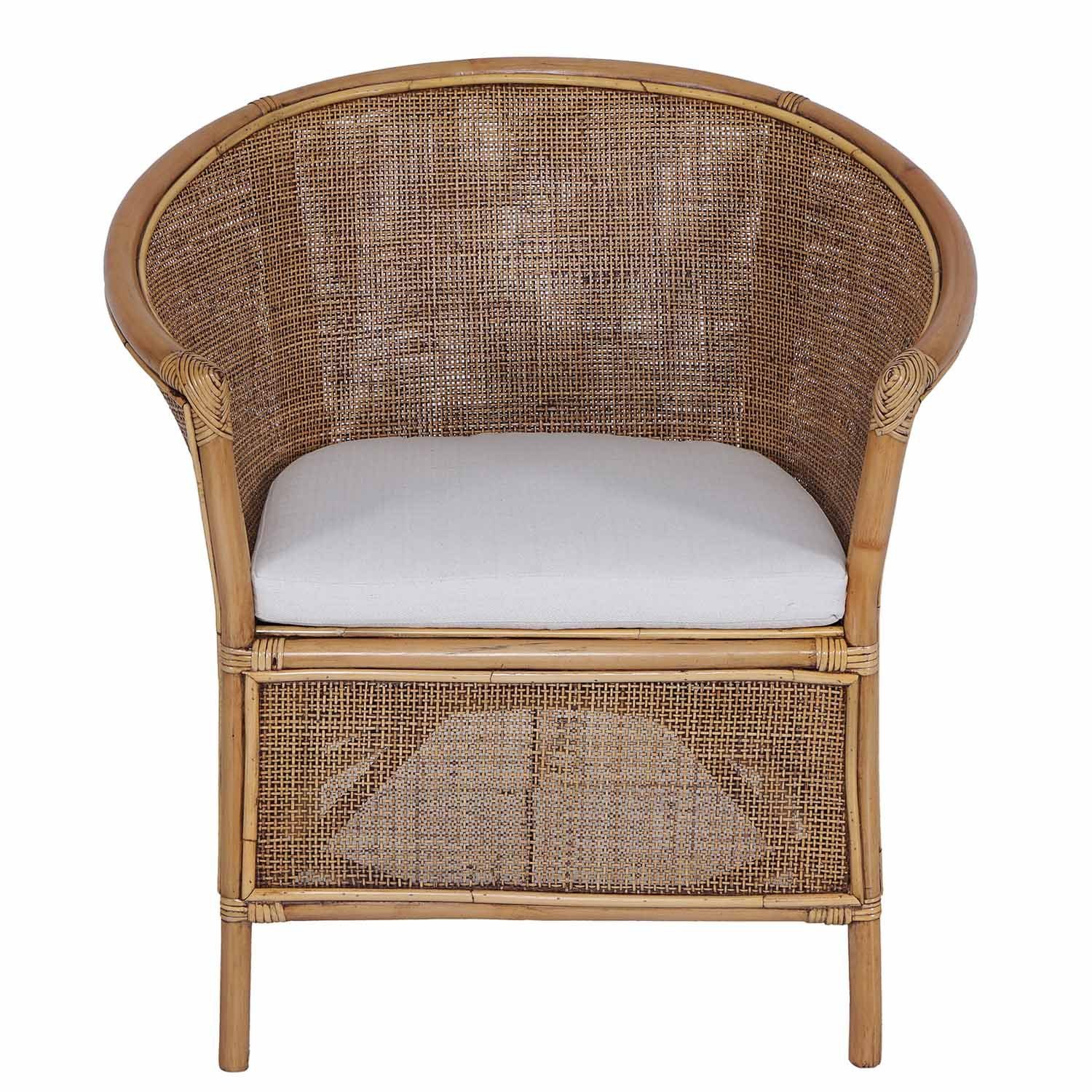 Casa Moro Rattanstuhl Rattansessel Sumatra Braun mit Kissen halbrund Loungesessel, Flechtsessel aus Natur-Rattan handgefertigt