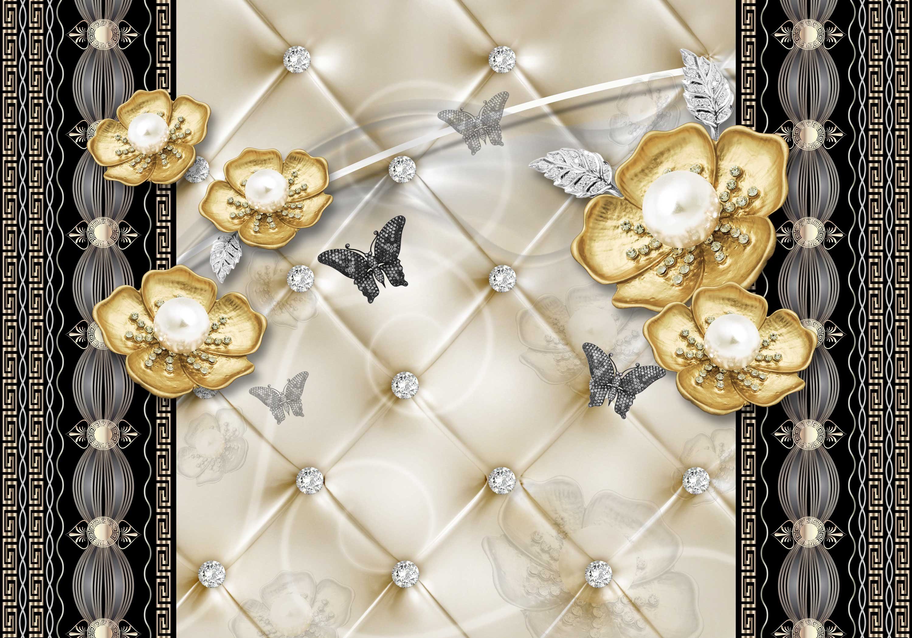 wandmotiv24 Fototapete Goldenen Blumen Silber Schmetterlinge, glatt, Wandtapete, Motivtapete, matt, Vliestapete