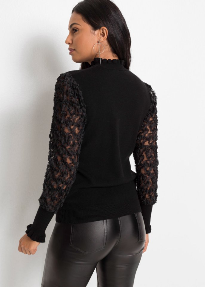 Rollkragenpullover mit dekorativen Chiffonärmeln