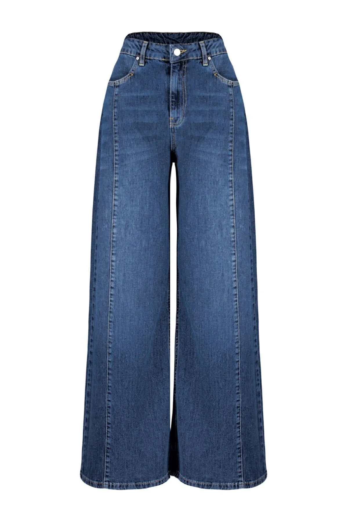 Trendyol Collection  Blaue, nachhaltigere Nahtdetaillierte Jeans mit weitem Bein und hoher Taille TWOSS24JE00116