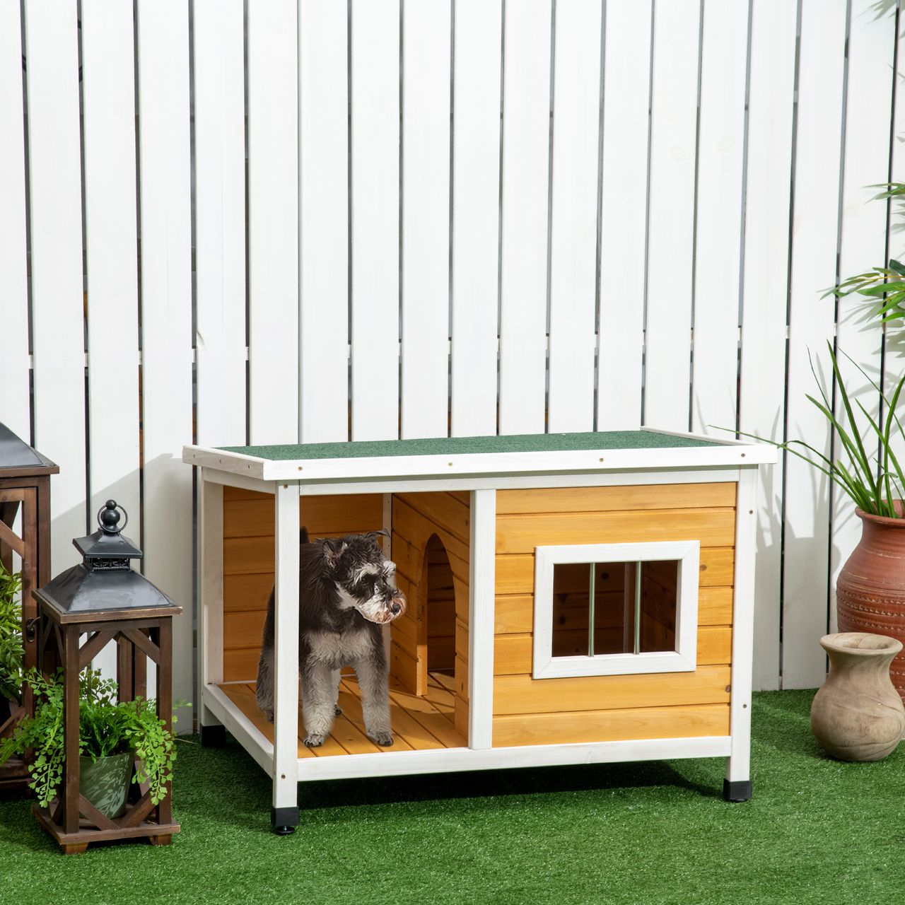 PawHut Hundehütte, Tannenholz, Kleintierhaus, Hundehaus mit Terrasse, Orange