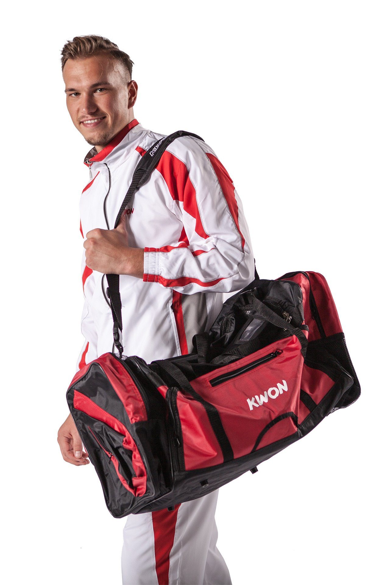 KWON Sporttasche Evolution schwarz rot 70 cm Taekwondo TKD Trainingstasche (Lieblingstasche, 2 Farben), Sehr viele praktische Fächer, geräumig, Nassfach