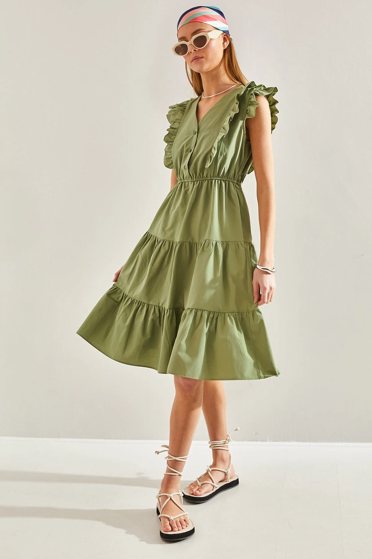 Bianco Lucci  Ausgestelltes Kleid mit Rüschen und elastischer Taille und Knöpfen für Damen