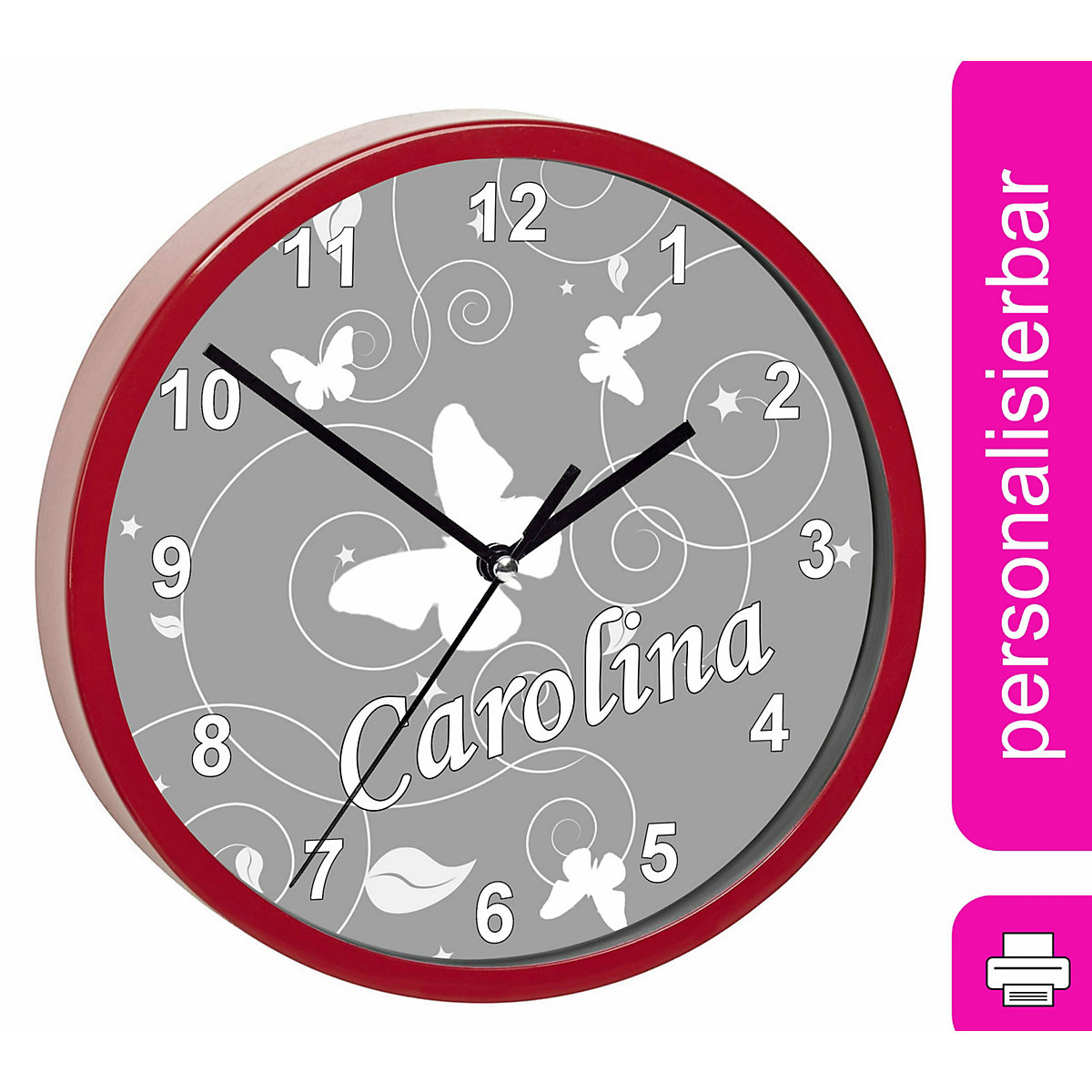 Kinder Wanduhr personalisiert mit Name Schmetterling Ornamente grau