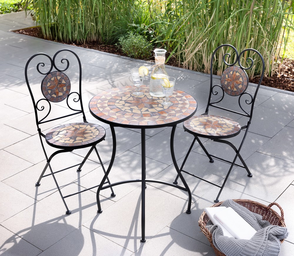 HC Garten & Freizeit Sitzgruppe Mosaik 3 tlg mit Tisch Ø 60 cm & 2 Stühlen MANDALA mehrfarbig