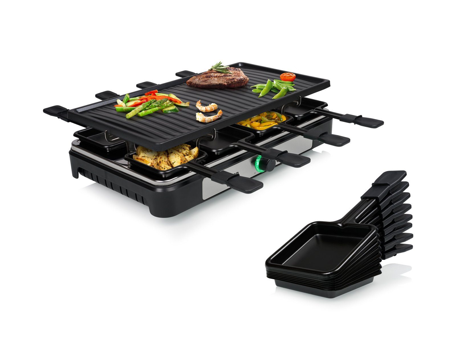Tristar Raclette, 8 Raclettepfännchen, Gerät für 2-8 Personen Tischgrill Griddle Grillplatte Camping geeignet