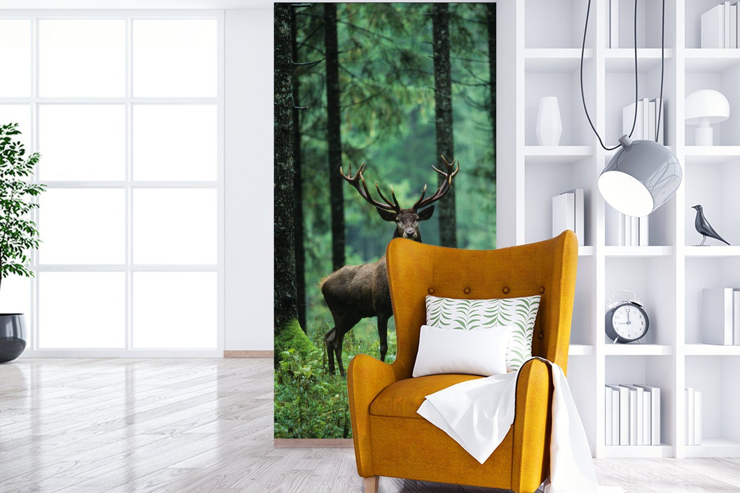 MuchoWow Fototapete Hirsche - Wald - Bäume - Tiere - Natur, Matt, bedruckt, (2 St), Vliestapete für Wohnzimmer Schlafzimmer Küche, Fototapete