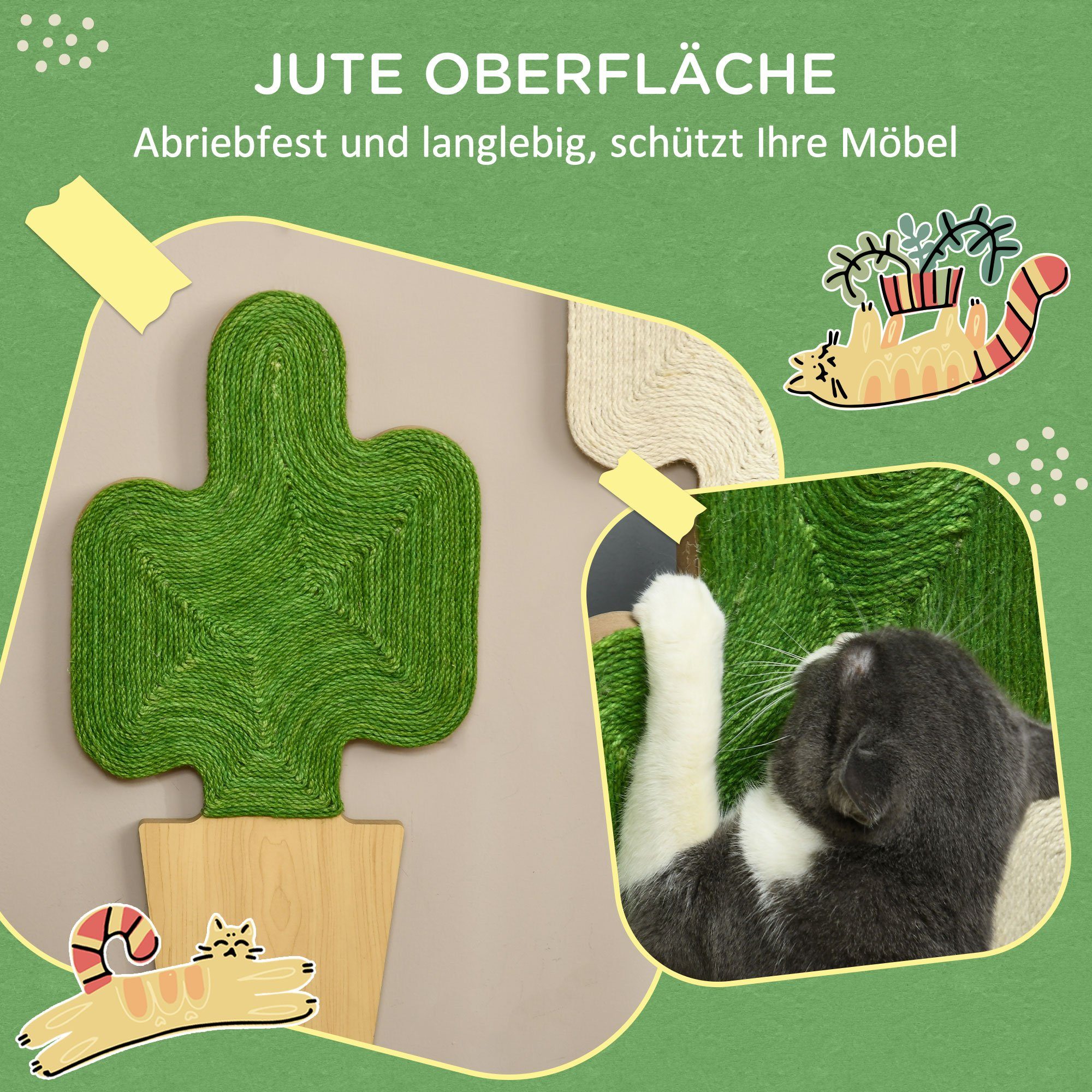 PawHut Kratzbrett Kratzmatte Katze, 2er Set Katzenkratzbretter aus Juteseil, (Kratzpappe, 2-tlg., Kratzwand), im Kakteen-Design, 30 x 60 cm