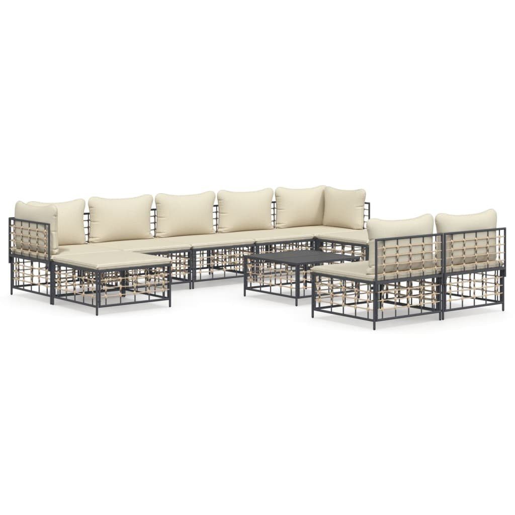 vidaXL Loungesofa 10-tlg. Garten-Lounge-Set mit Kissen Anthrazit Poly Rattan, 10 Teile