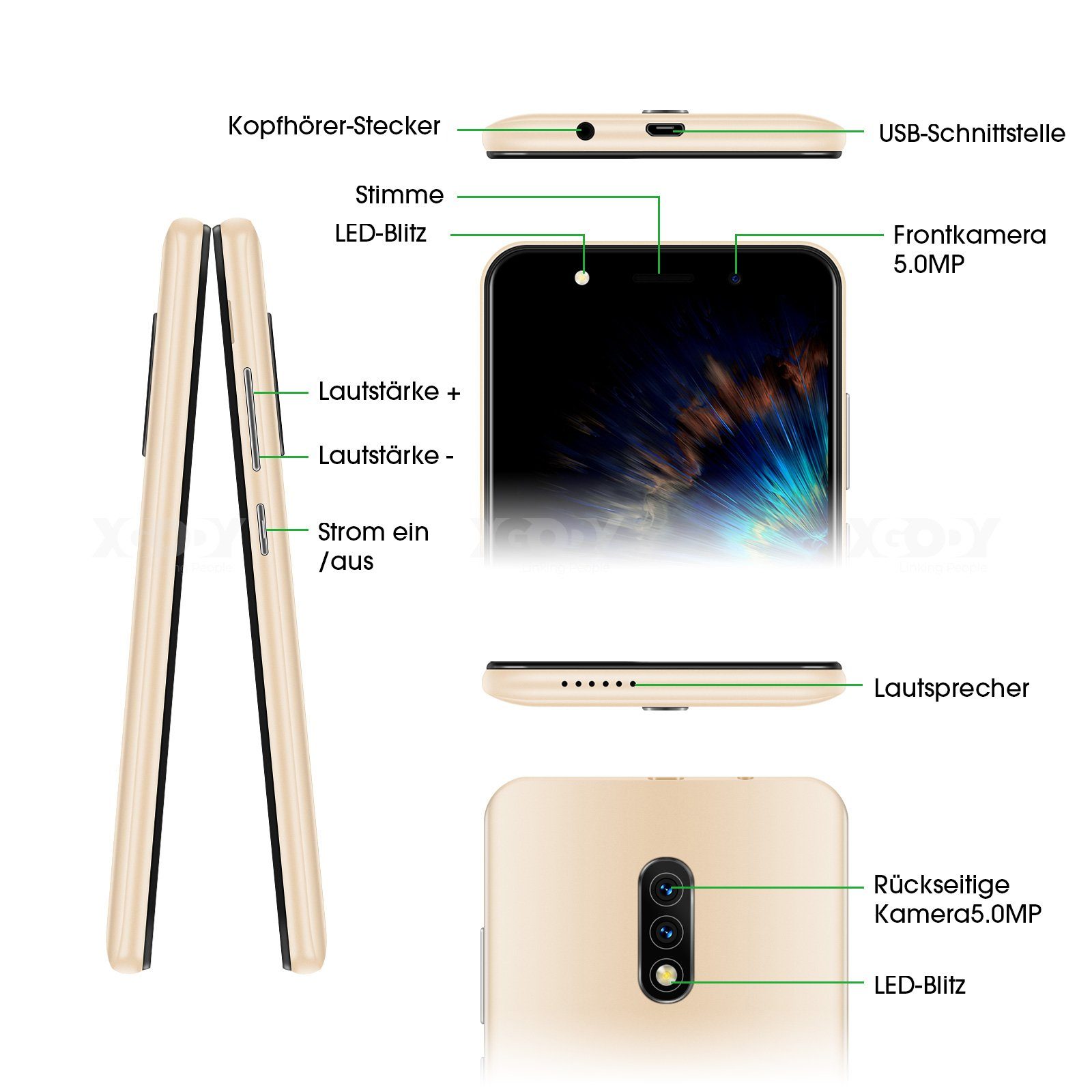 Ulife XGODY Mate 10, 2500 mAh, 1GB RAM, 8GB ROM, Android 8.1, 3G Smartphone (5 Zoll, 8 GB Speicherplatz, 5 MP Kamera, Gesichtserkennung, Dual-SIM)