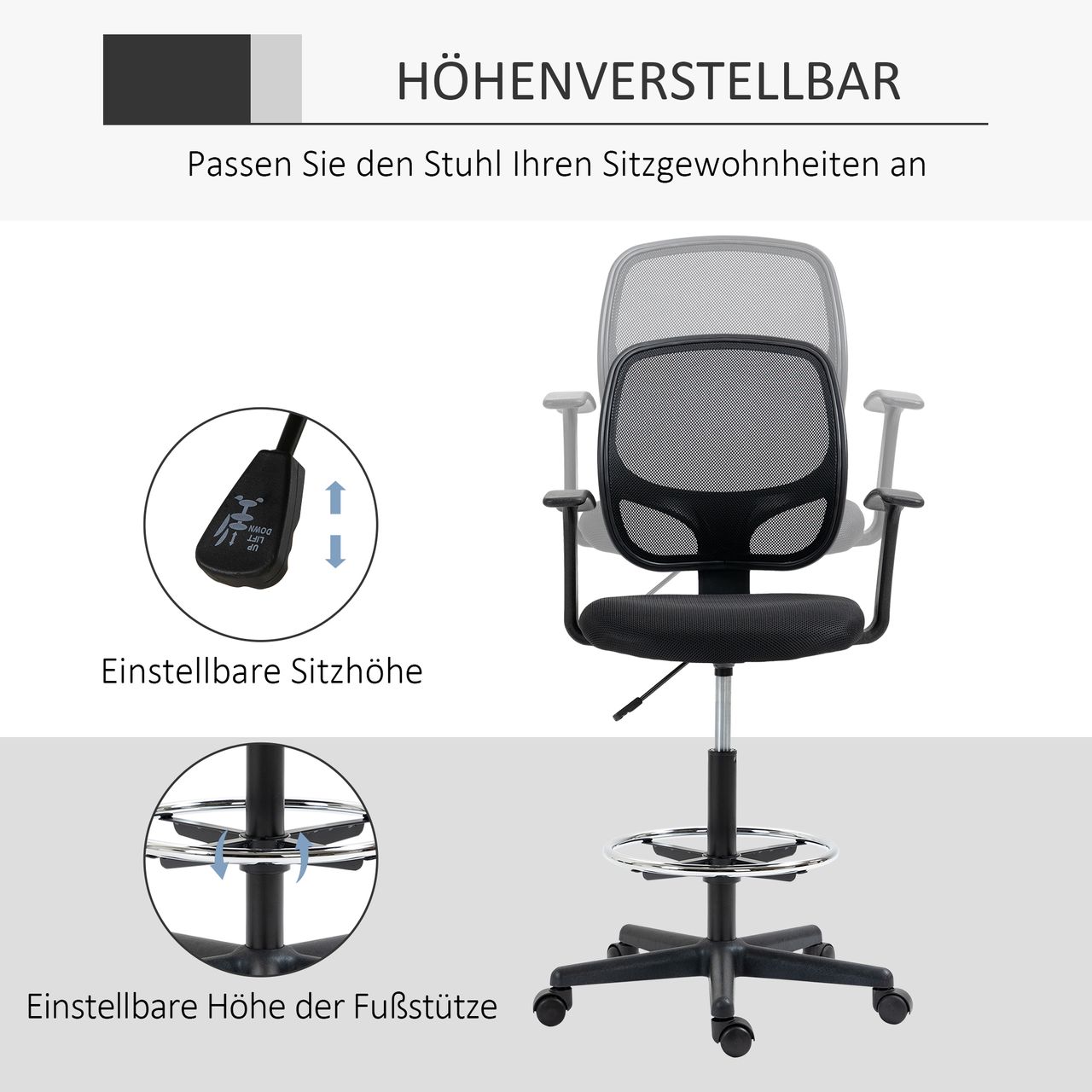 Vinsetto Arbeitsstuhl Mesh Bürostuhl Ergonomischer Schreibtischstuhl Zeichenstuhl mit verstellbarem Fußring Höhenverstellbare Drehstuhl mit Rollen für Arbeitszimmer Schwarz 60 x 56 x 110-132 cm
