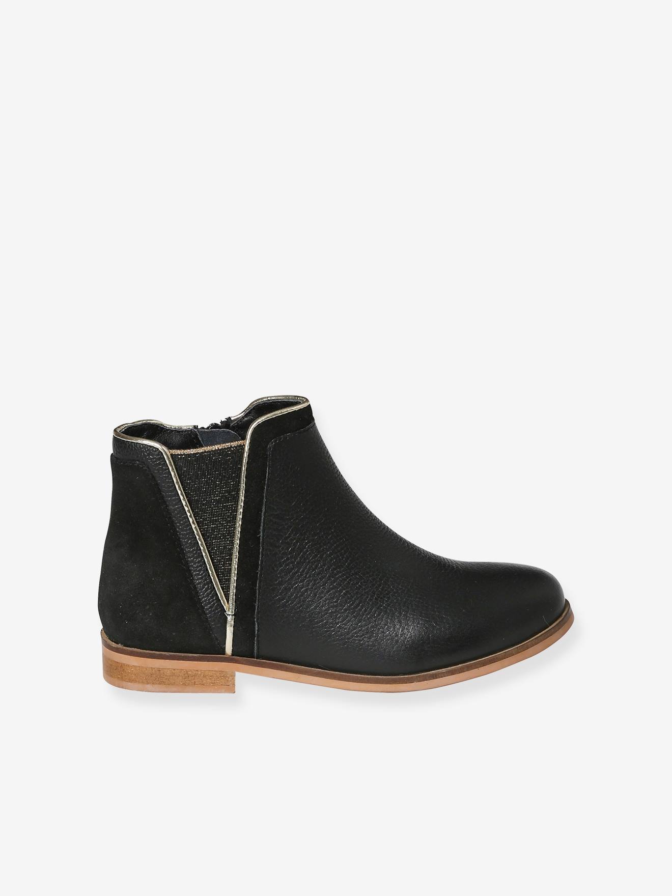Boots cuir fille zippées et élastiquées noir