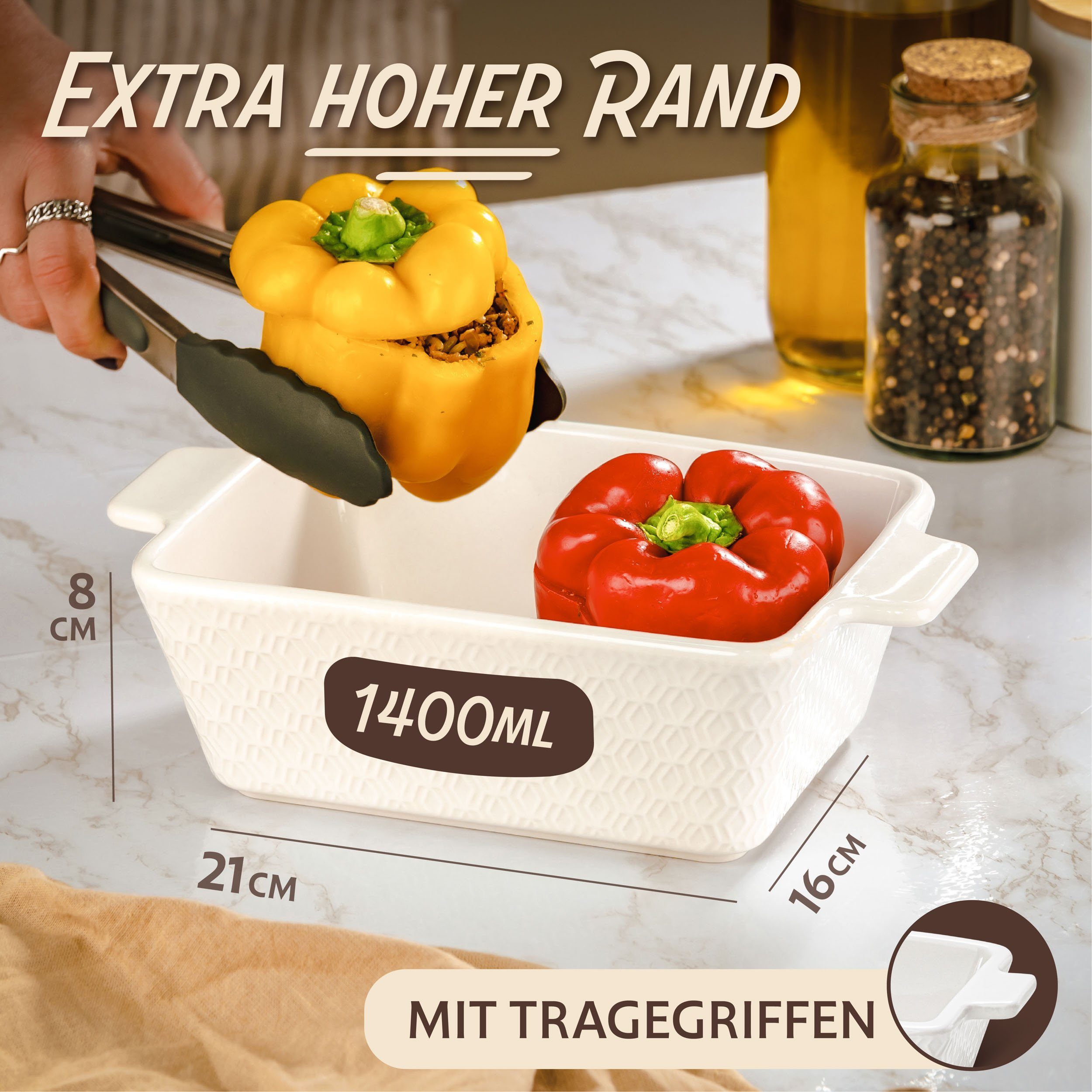 Praknu Auflaufform Klein Ofenfest Ofenform 28 cm 1,4 L - Hoher Rand Mit Antihaftbeschicht, Porzellan - Keramik, (1-St), Für 2 Personen Lasagne, Tiramisu & Auflauf - Hoher Rand - Eckig