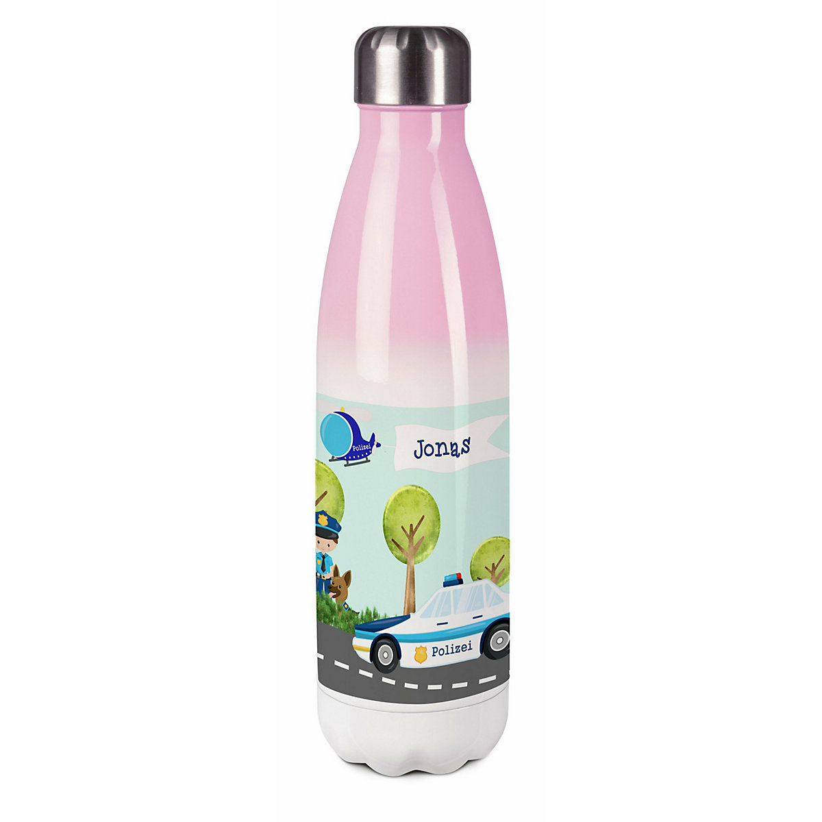 Edelstahl Kinder Thermoflasche / Trinkflasche bunt Polizei Spülmaschinenfest, Auslaufsicher, Bruchfest, Doppelwandig, Für Heißgetränke geeignet, Mit Deckel, Isoliert