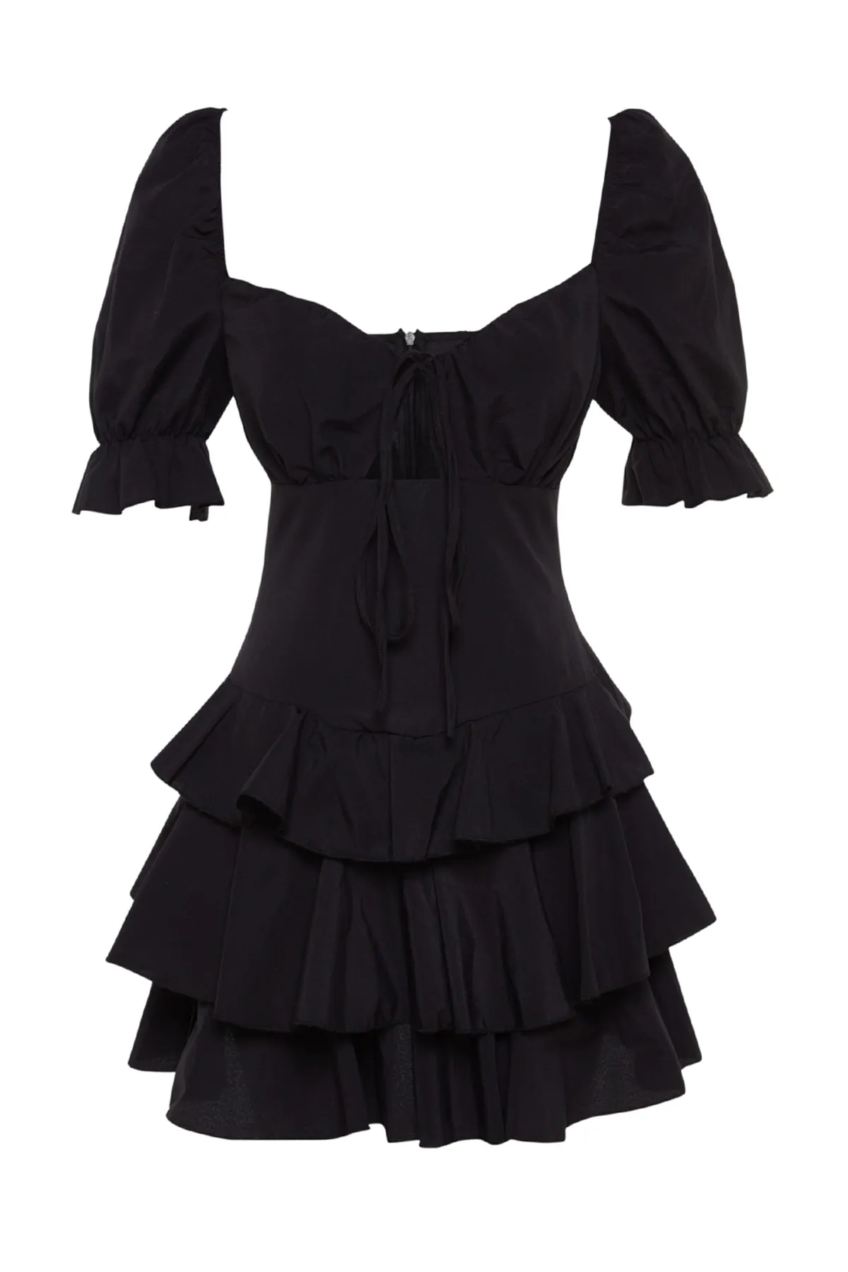 Trendyol Collection  Elegantes Abendkleid aus schwarzem Popeline mit offener Taille/Skater-Volant TPRSS22EL2098