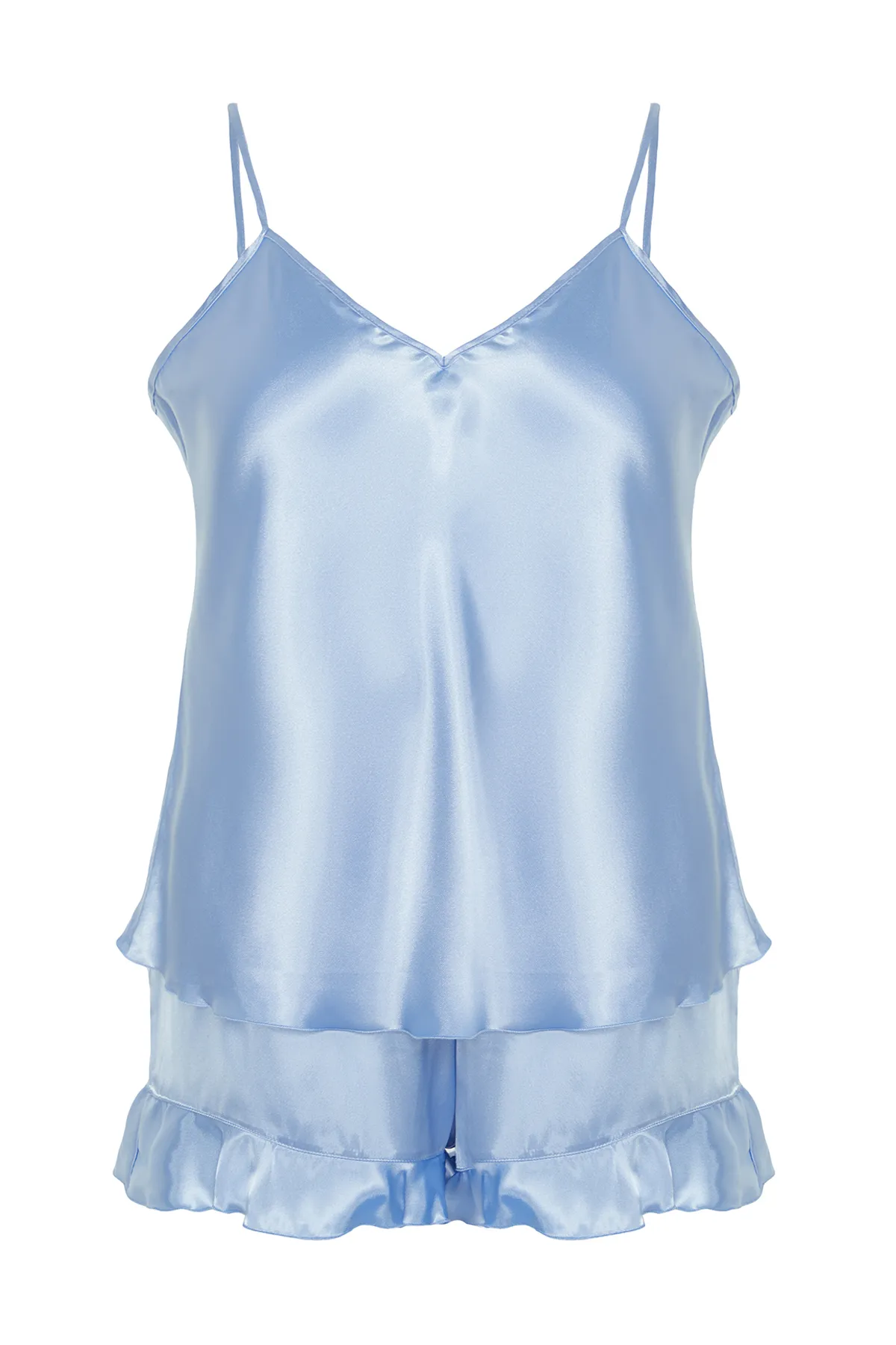 Trendyol Curve  Blaues Pyjama-Set aus gewebtem Satin TBBSS24AI00002