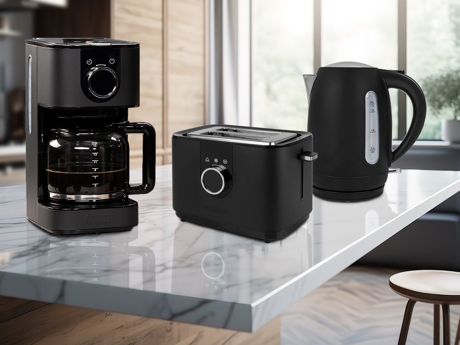 PRINCESS Frühstücks-Set (3-tlg), Frühstück-Set Kaffeemaschine Wasserkocher & Toaster Design Edelstahl