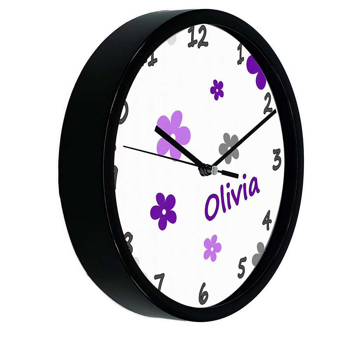 Kinder Wanduhr personalisiert mit Name Blumen Lila-Grau