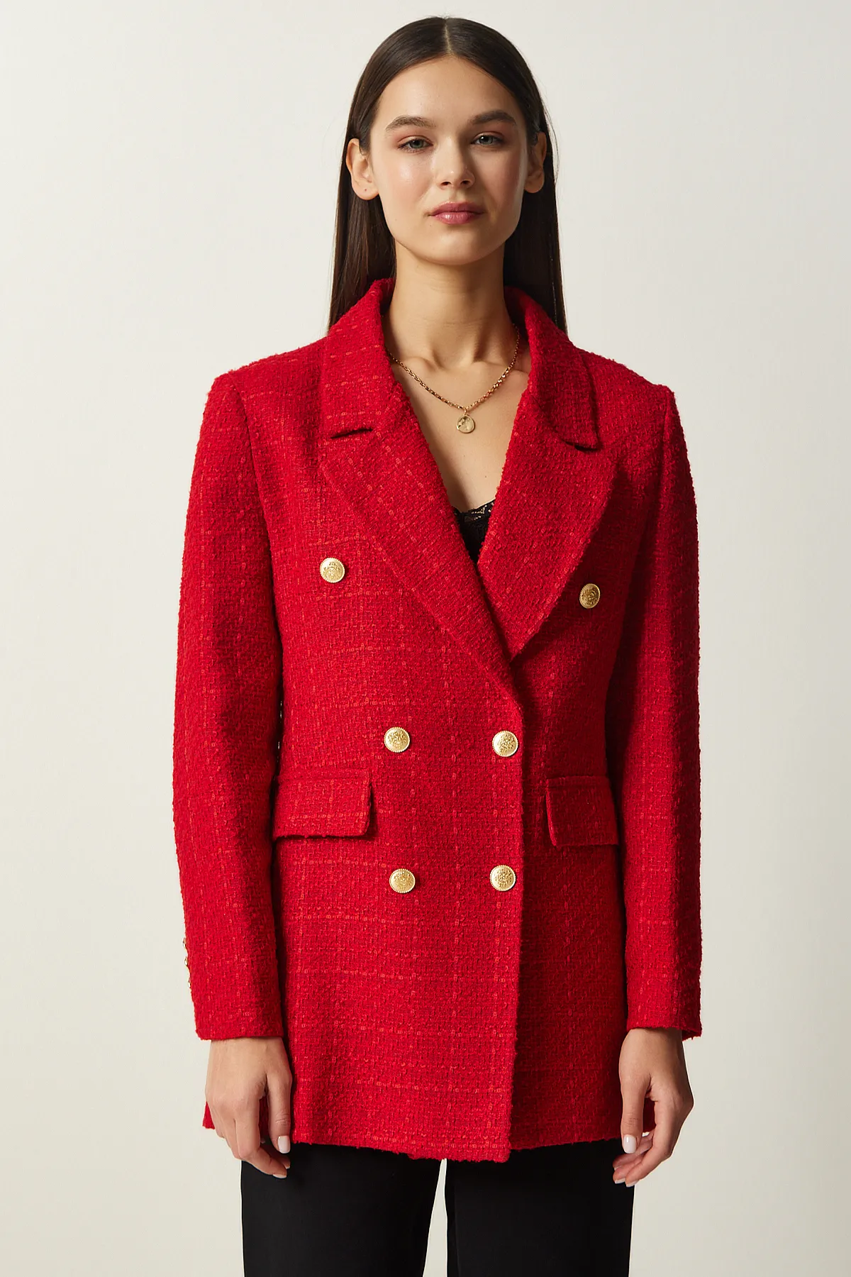 Happiness İstanbul  Damen-Blazer mit roten Knöpfen und Tweed-Jacke WF00004