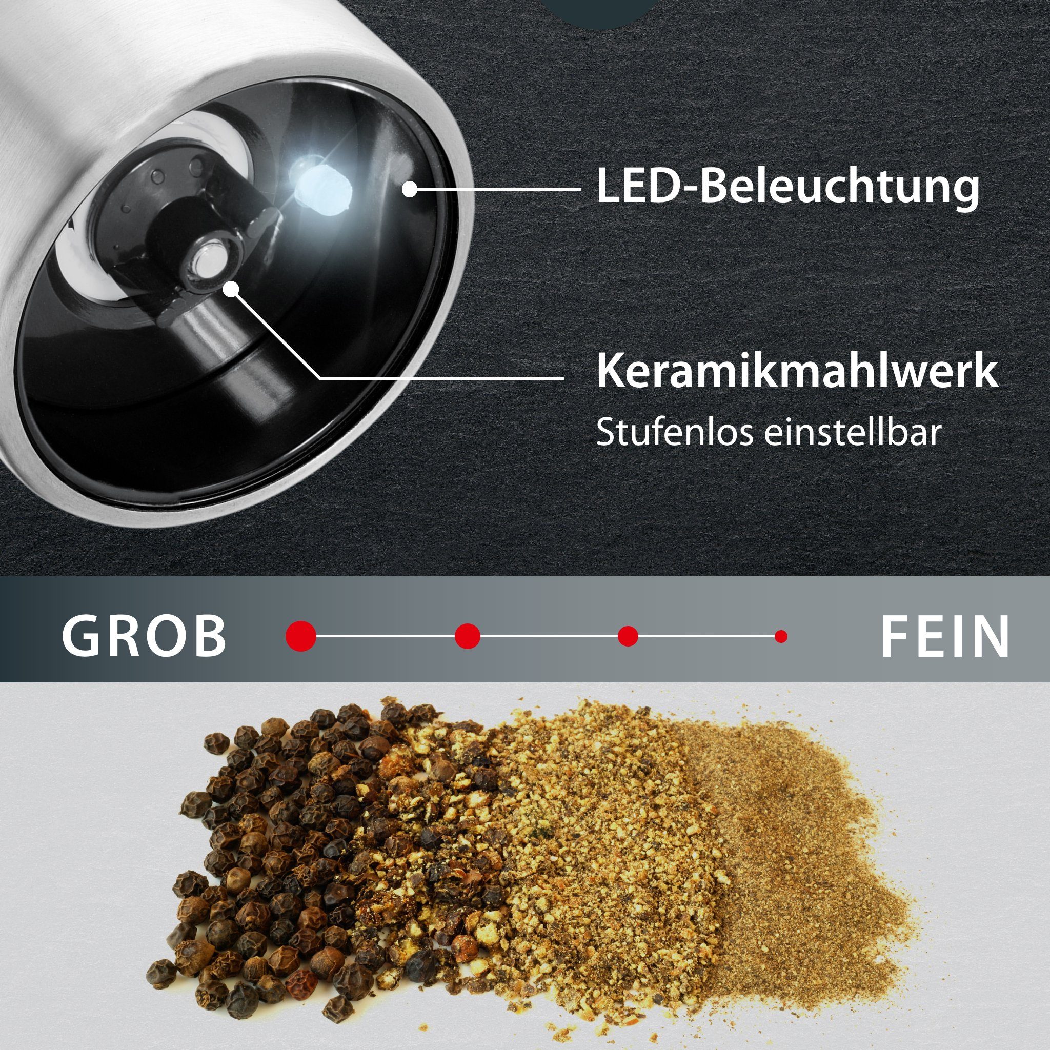 ADE Gewürzmühle Salzmühle oder Pfeffermühle elektrisch, stufenlos einstellbar, Einhandbedienung, Keramik-Mahlwerk