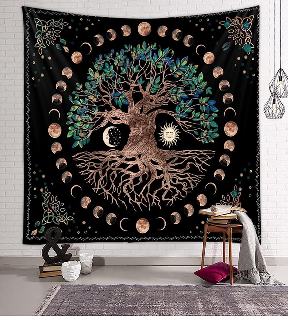 Wandteppich Baum des Lebens Wandteppiche Mondphasen Tapestry,150*150cm, Ronner UG