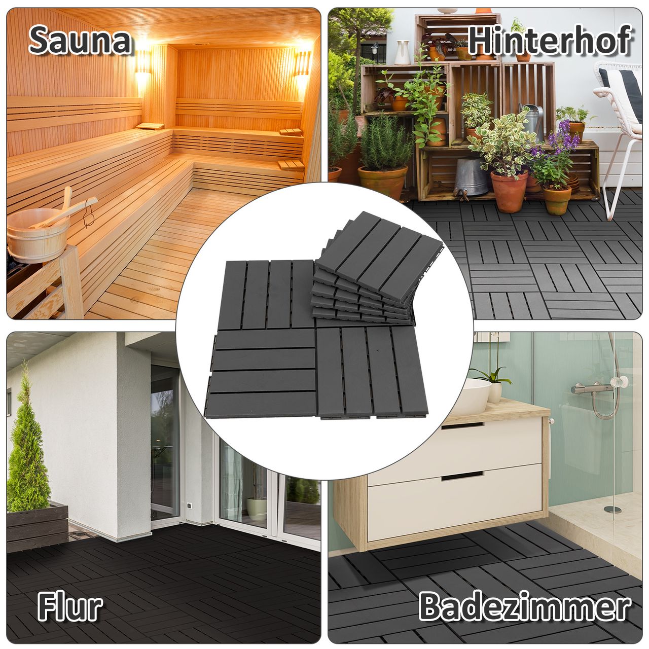 Outsunny 9 er Set Terassenfliesen Balkon Patio 30 x 30 cm Garten-Klickfliese Bodenbelag Bodenfliese Innen Außen Kunststoff Schwarz