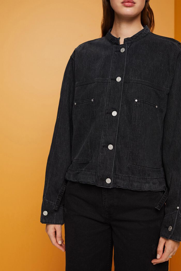 Kragenlose Jeansjacke mit Kordelzug