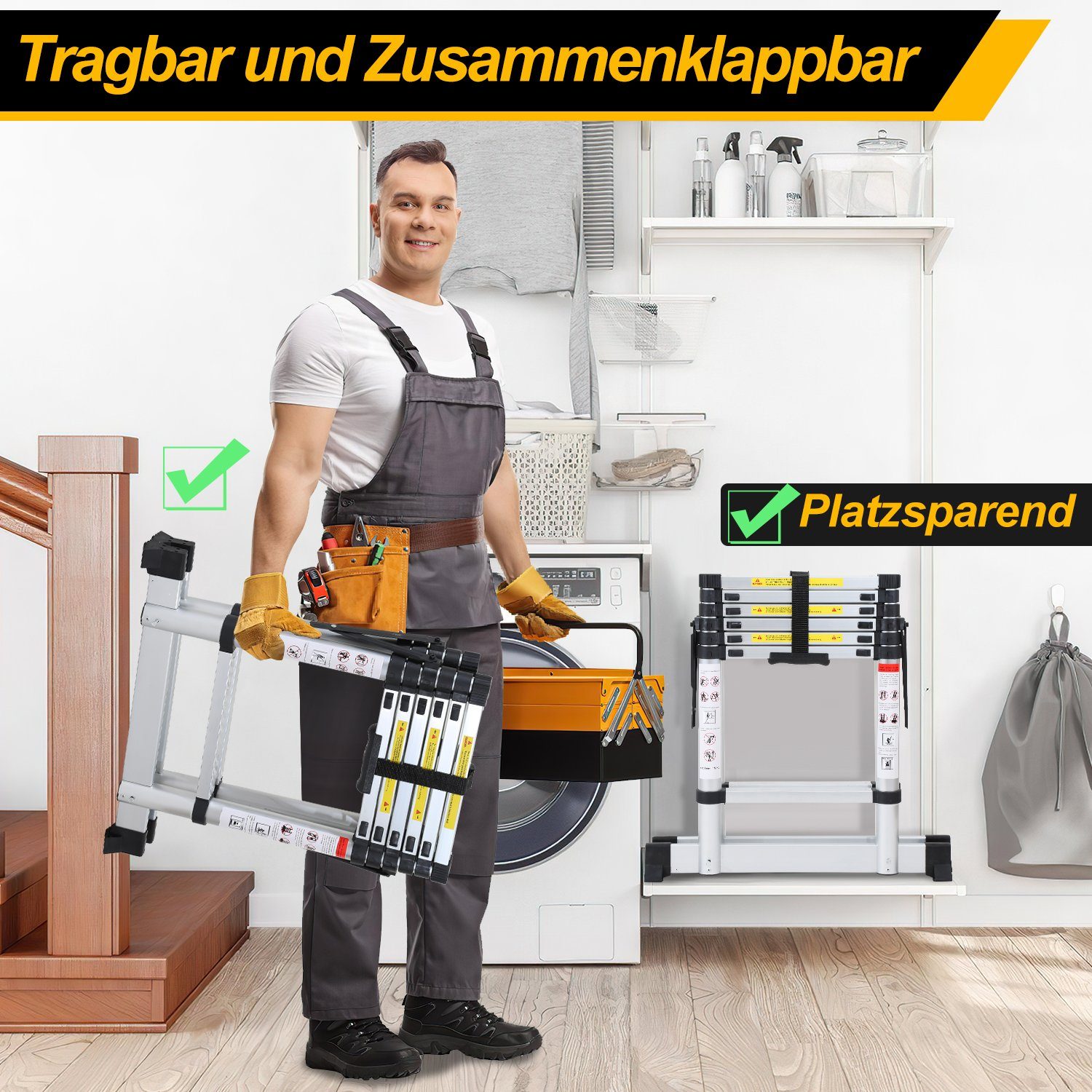 Yakimz Teleskopleiter Teleskopleiter Alu 1,7+2,0m Waagebalken Anlegeleiter