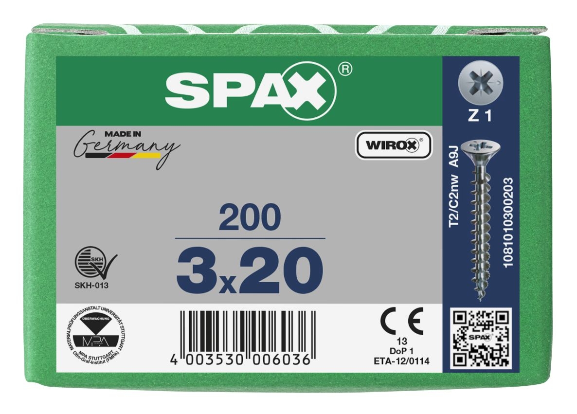 SPAX 1081010300203 Universalskruv 3 x 20 mm, Fullgänga, Försänkt huvud, Phillips huvud Z1 - 200 delar