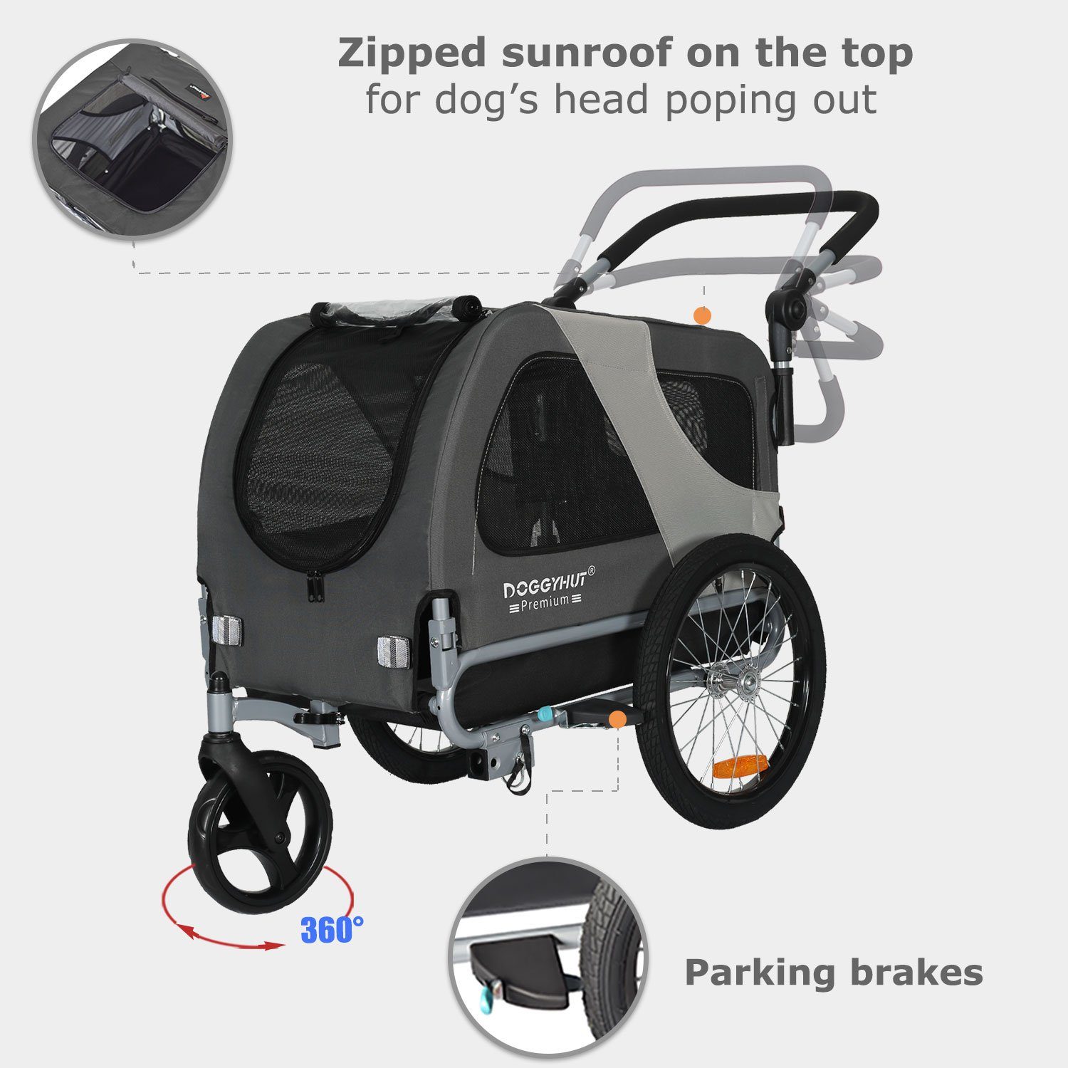 TIGGO Fahrradhundeanhänger DOGGYHUT® Premium MEDIUM Hundefahrradanhänger, Verstellbare Sicherheitsleine
