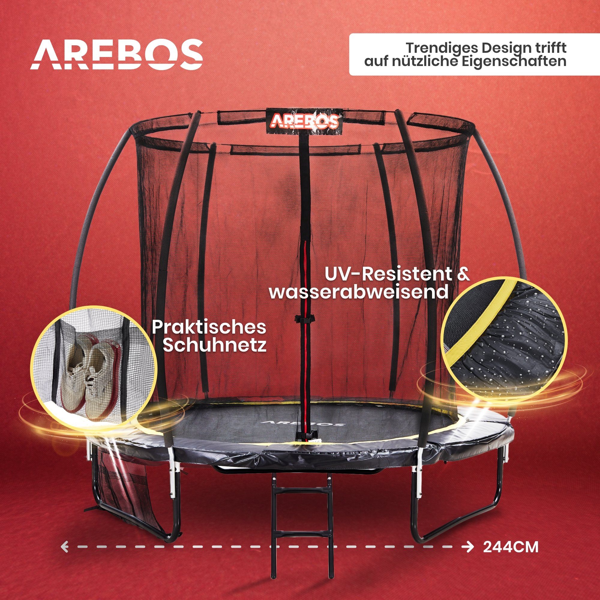 Arebos Gartentrampolin Outdoor Trampolin für Kinder und Erwachsene, Ø 244 cm, (1x Sicherheitsnetz 1x Randabdeckung 1x Leiter), Reißverschluss, Polypropylen (UV-beständig)