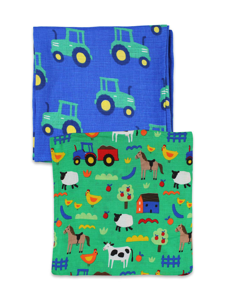 Toby Tiger Musselintücher im Doppelpack mit Hillside Bauernhof Print in grün günstig kaufen 0
