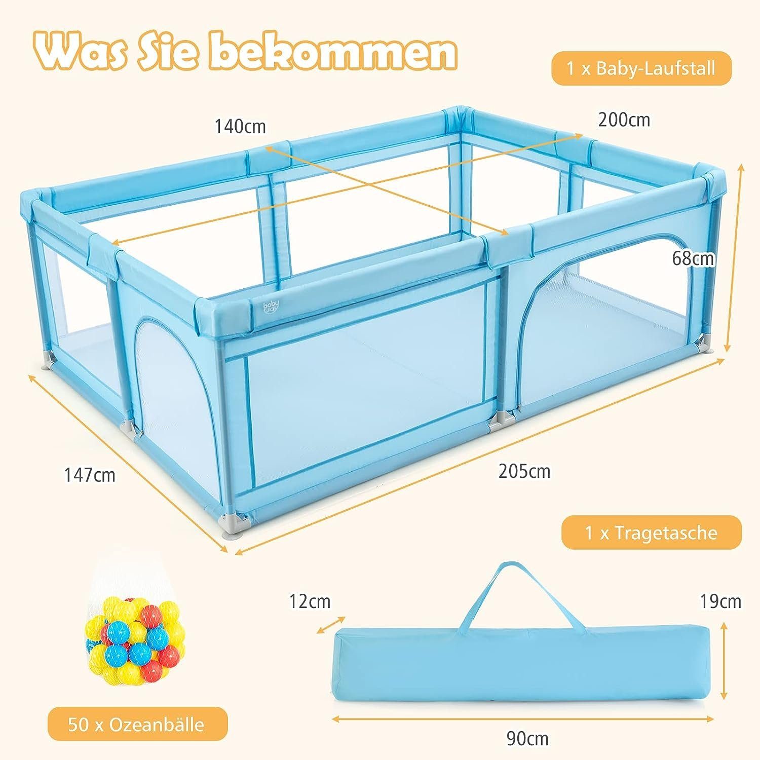 KOMFOTTEU Laufstall Krabbelgitter, mit 50 Spielbällen, 205x147x68cm
