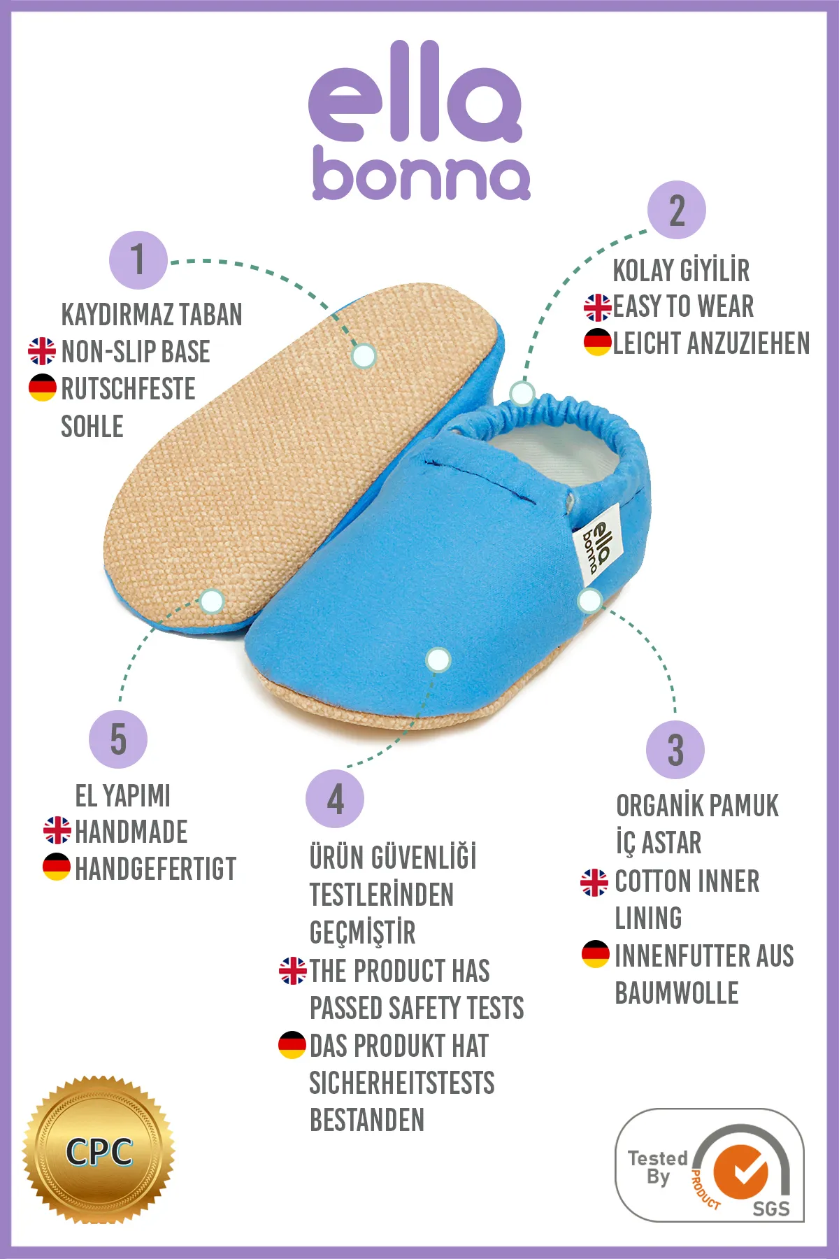 Ella Bonna  Blaue Babyschuhe mit rutschfester Sohle, Heimstiefel, Hausschuhe, Kinderzimmerschuhe, Hausschuhe