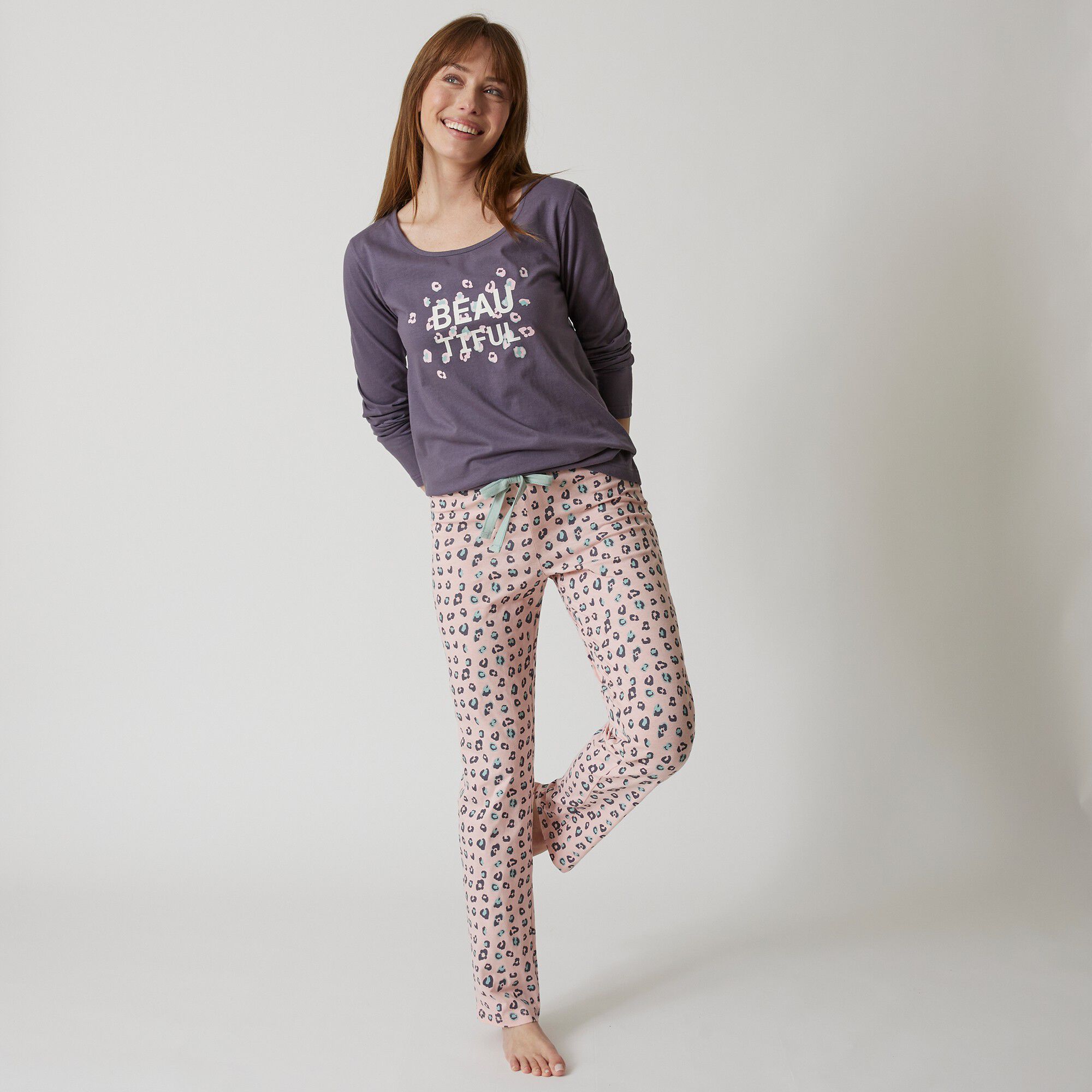 Tee-shirt manches longues coton uni imprimé placé 