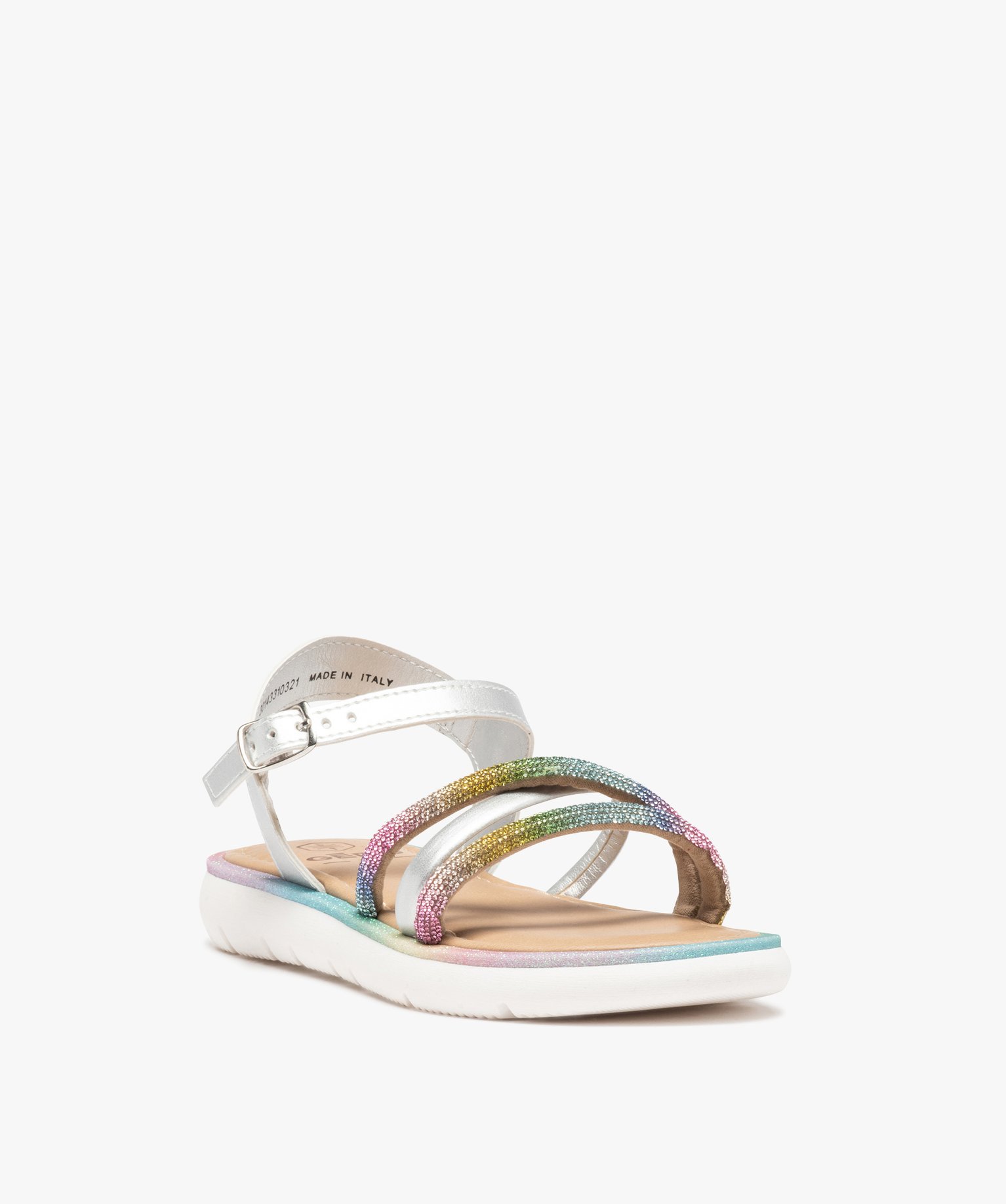 Sandales fille à paillettes et brides strass irisées argent | GEMO