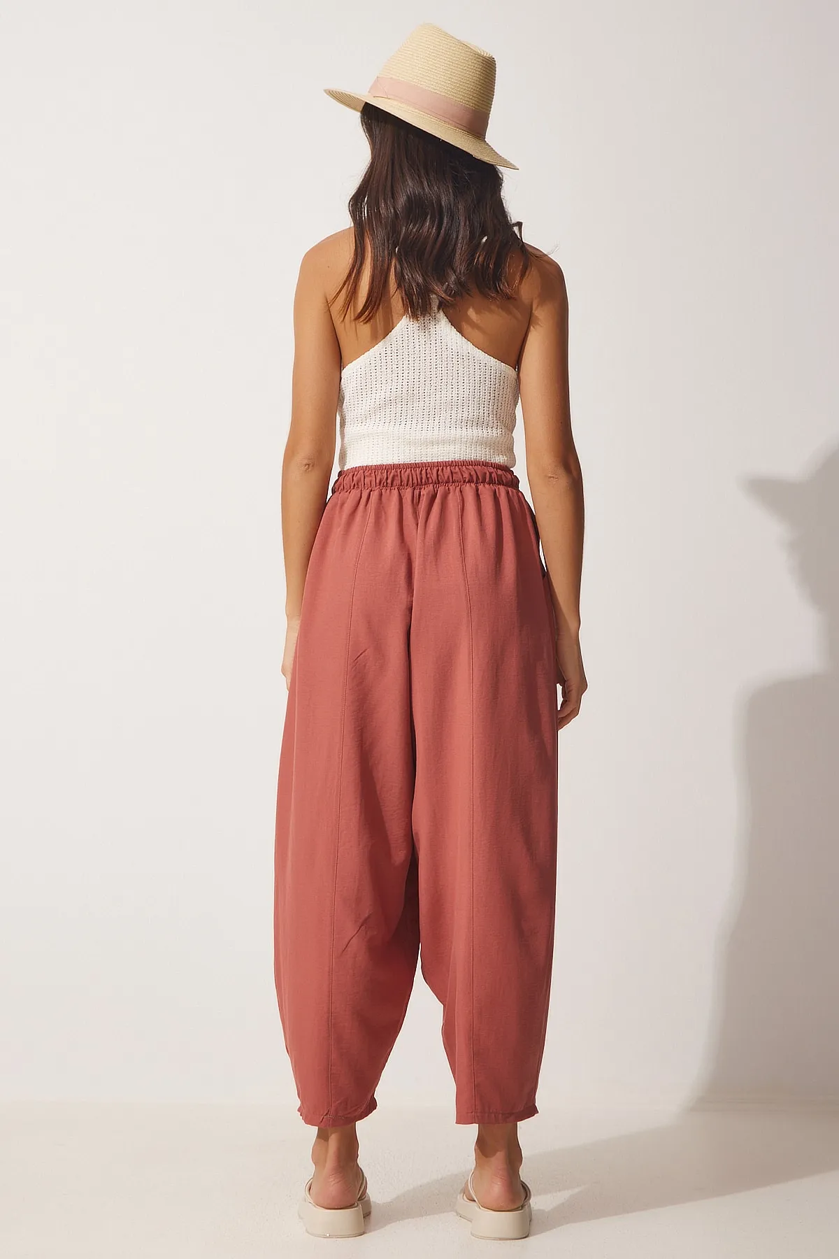 Happiness İstanbul  Dusty Rose Taschen-Shalwar-Hose aus Leinen-Viskose für Damen CV00001
